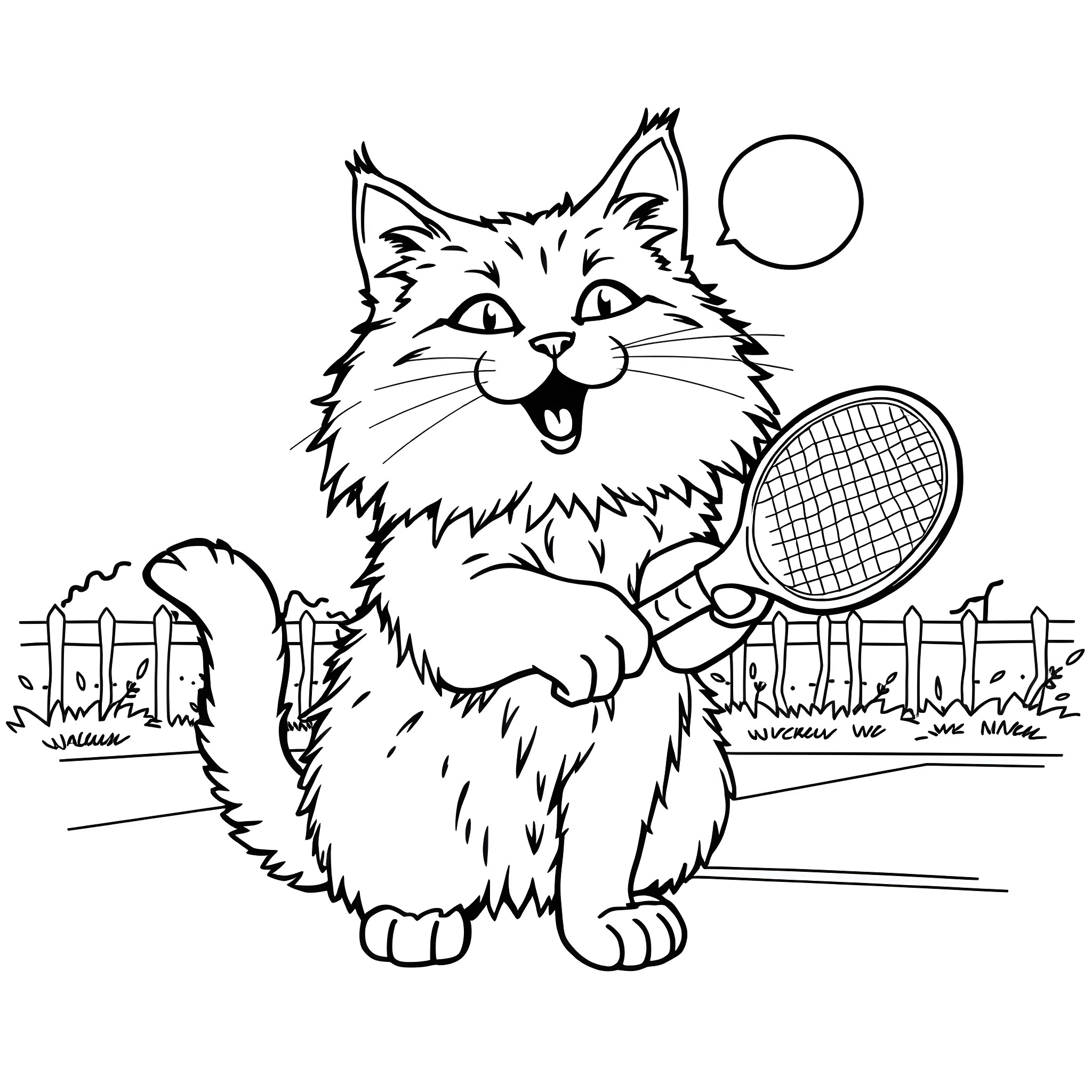 Cat playing with tennis racket on tennis court Coloring Page (free black-and-white line drawing printable PDF for all, from beginners to advanced learners, including children, teens, adults, and seniors)