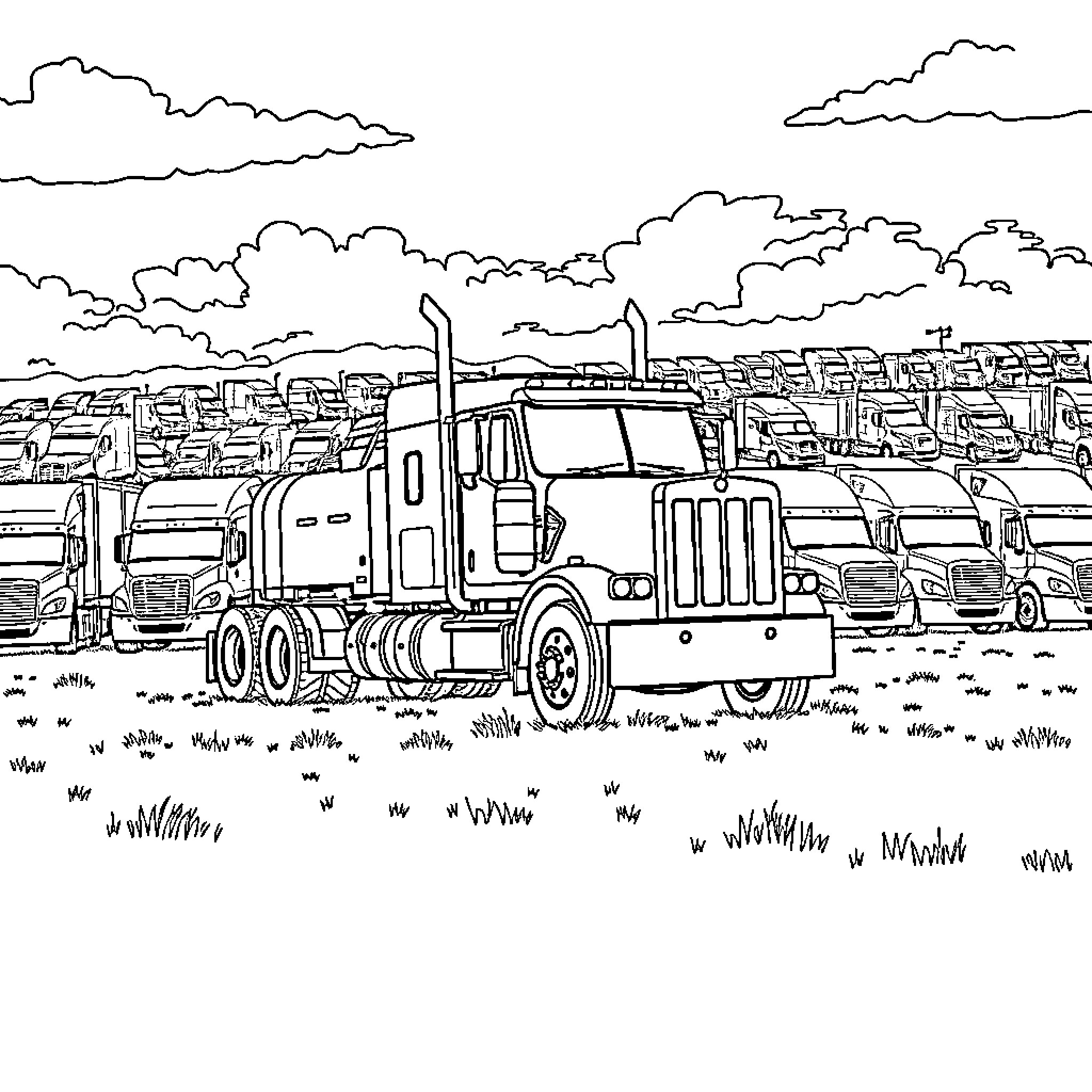 Truck convoy traversing the industrial landscape Coloring Page (free black-and-white line drawing printable PDF for all, from beginners to advanced learners, including children, teens, adults, and seniors)