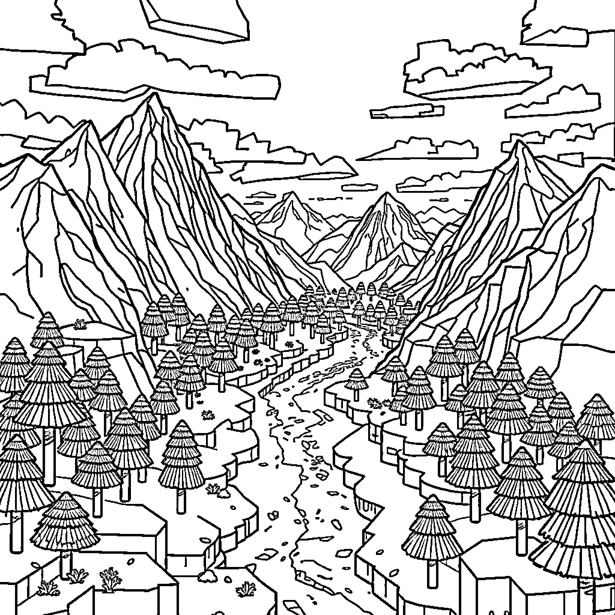 Minecraft Mountainous Landscape with Village Coloring Page (free black-and-white line drawing printable PDF for all, from beginners to advanced learners, including children, teens, adults, and seniors)