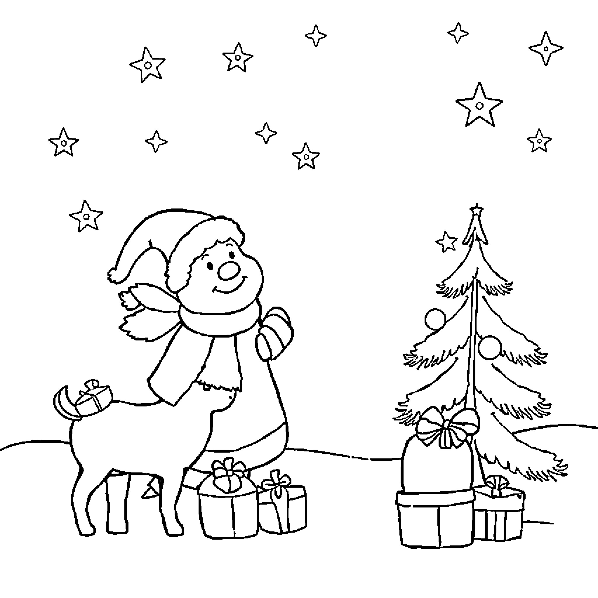 Christmas scene with snowman, deer, and presents Coloring Page (free black-and-white line drawing printable PDF for all, from beginners to advanced learners, including children, teens, adults, and seniors)