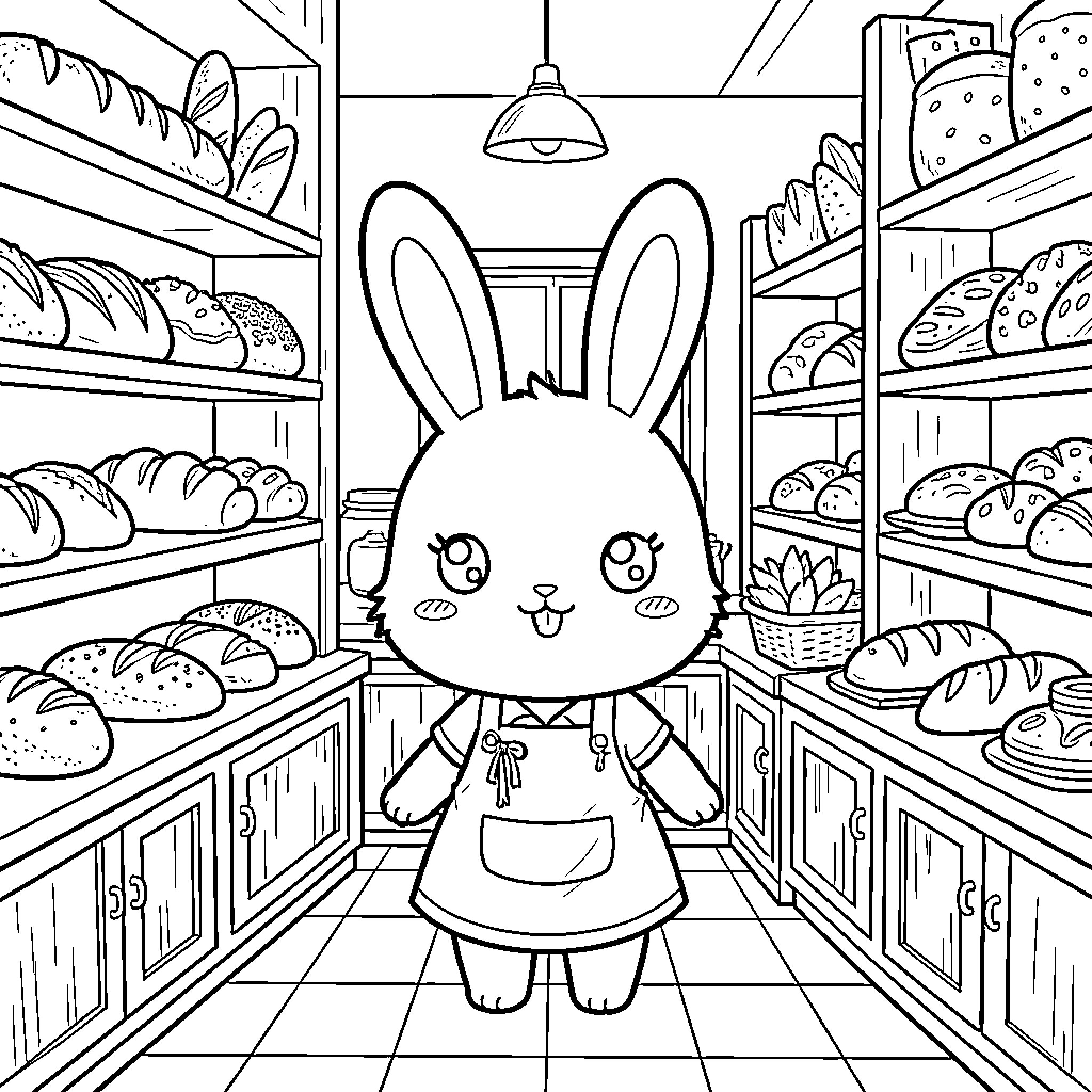 Bunny wearing an apron in a bakery Coloring Page (free black-and-white line drawing printable PDF for all, from beginners to advanced learners, including children, teens, adults, and seniors)