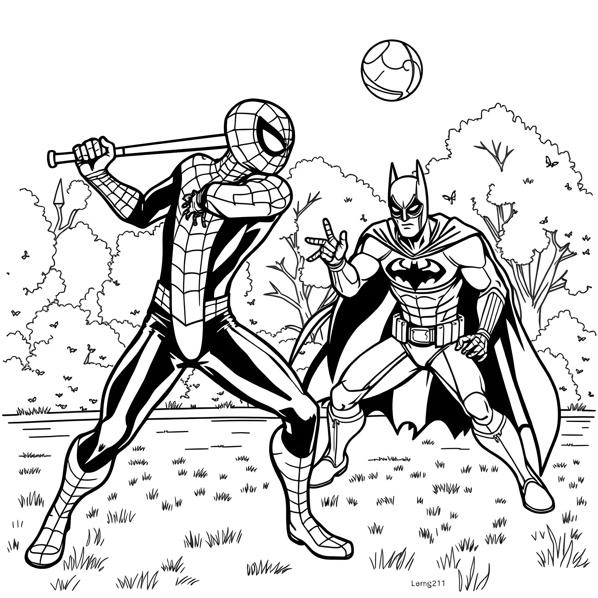 Spider-Man and Batman in Action Coloring Page (free black-and-white line drawing printable PDF for all, from beginners to advanced learners, including children, teens, adults, and seniors)