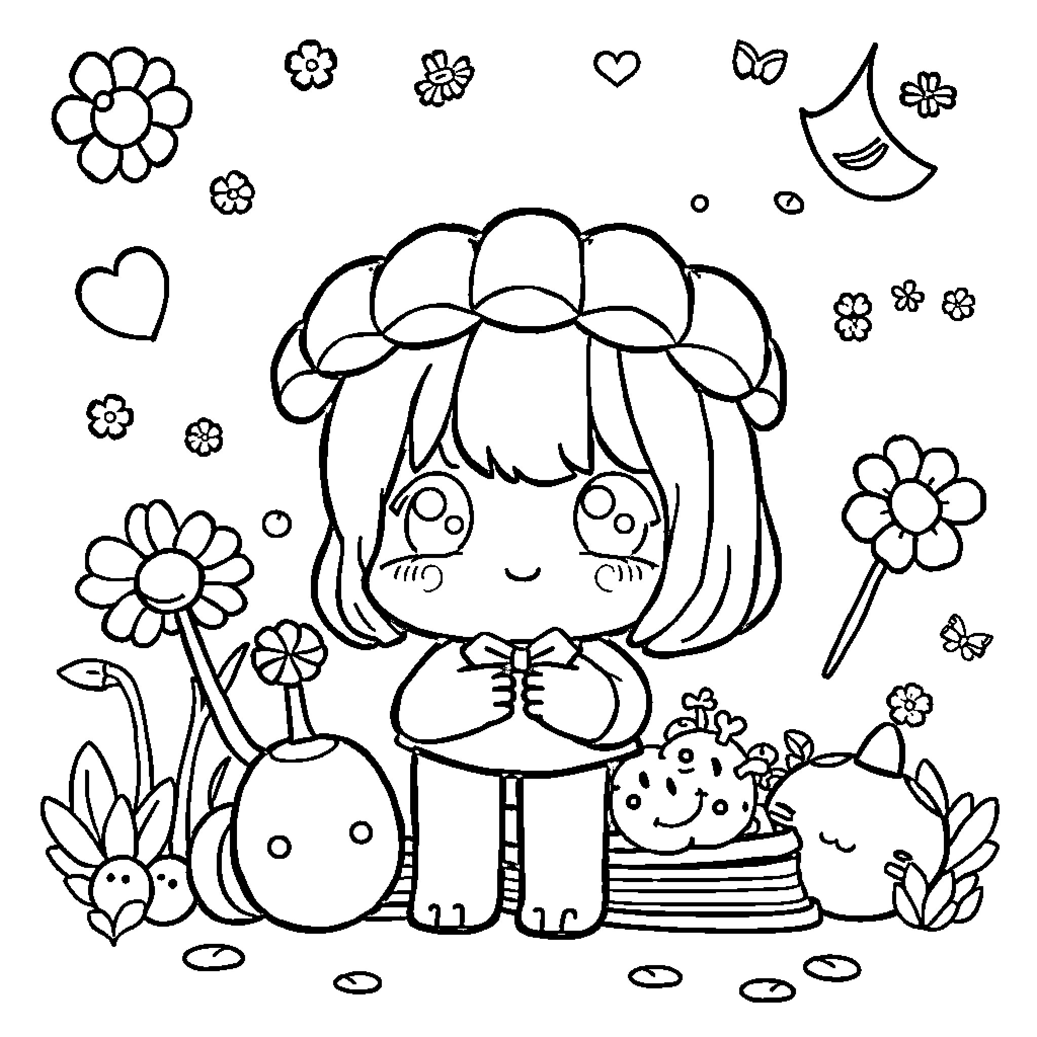 Book featuring a girl with flowers and toys Coloring Page (free black-and-white line drawing printable PDF for all, from beginners to advanced learners, including children, teens, adults, and seniors)