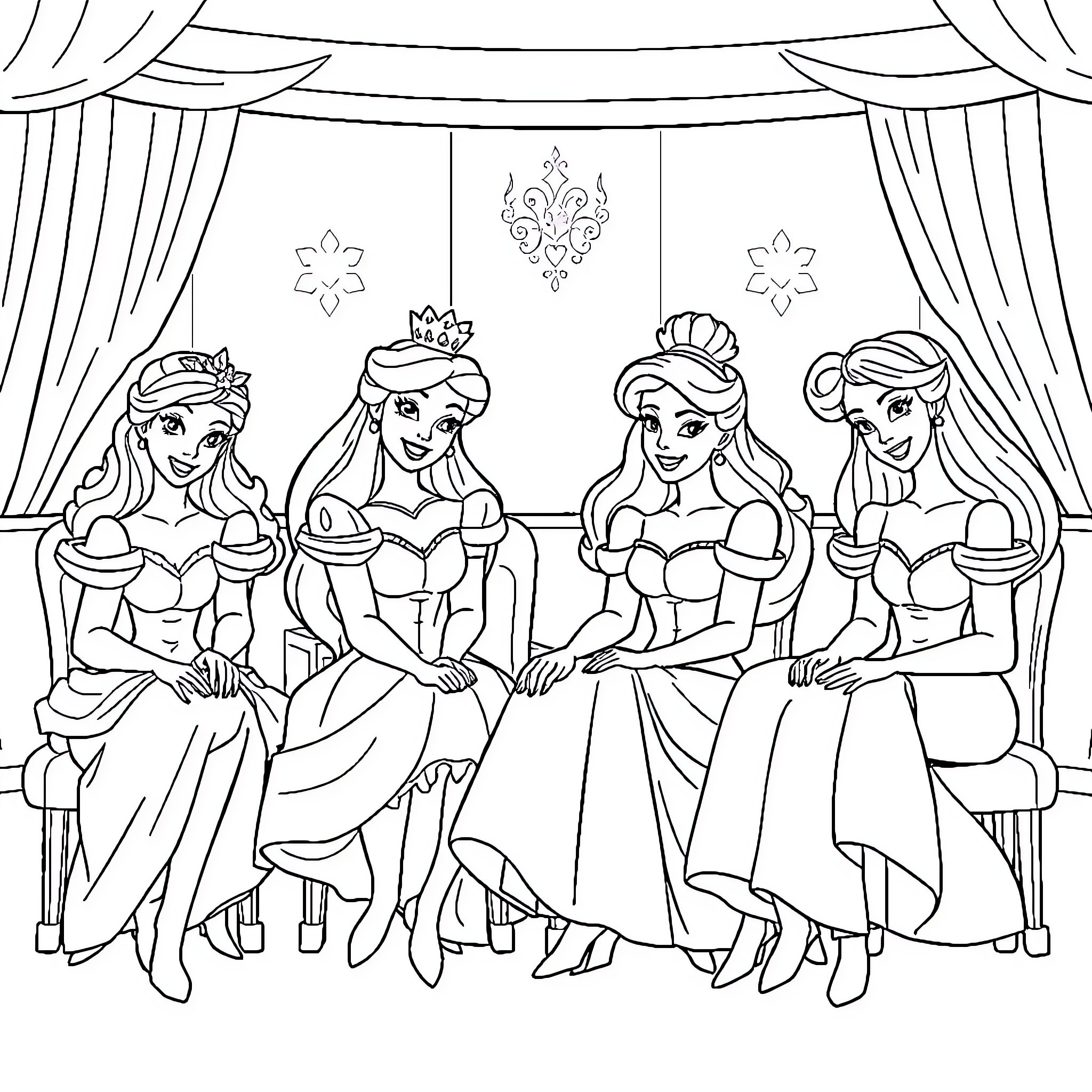 Disney Princess Theatrical Performance on Stage Coloring Page (free black-and-white line drawing printable PDF for all, from beginners to advanced learners, including children, teens, adults, and seniors)