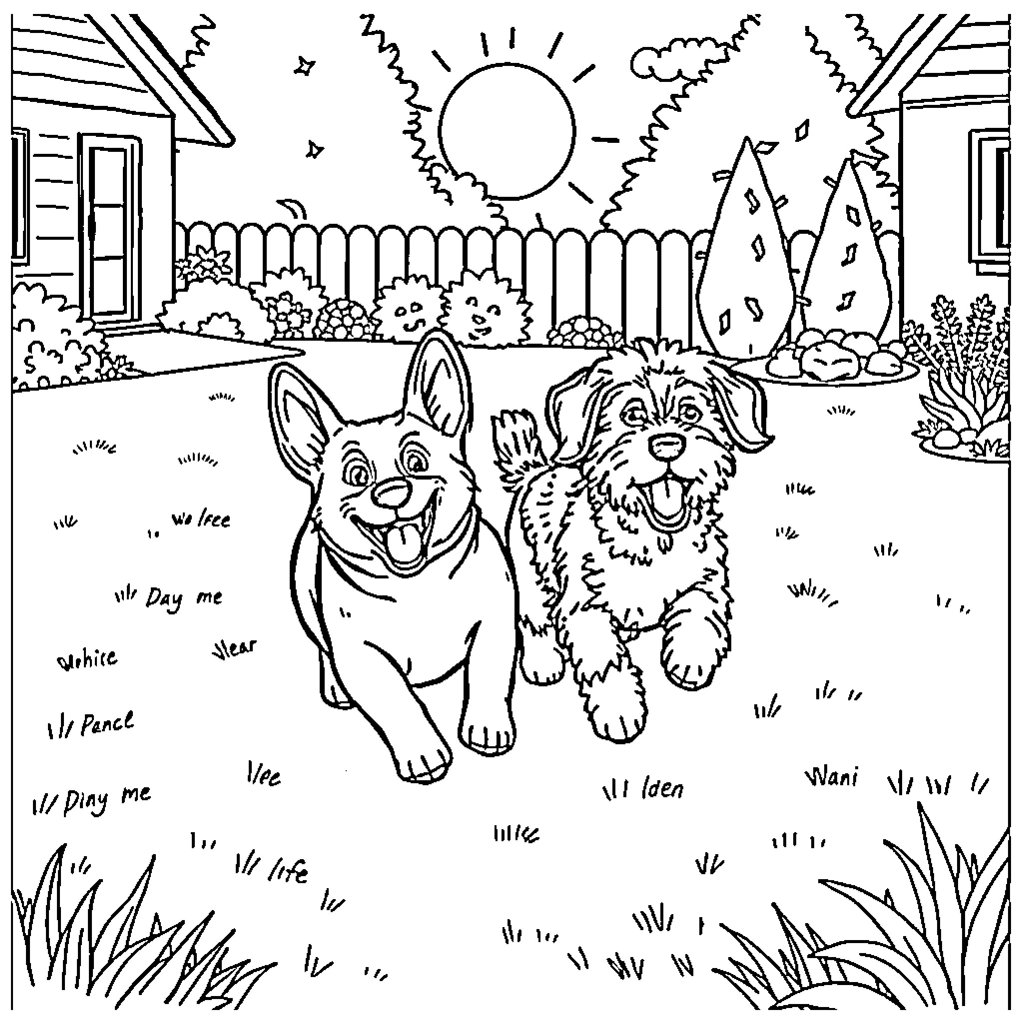 Dog friends playing in the backyard Coloring Page (free black-and-white line drawing printable PDF for all, from beginners to advanced learners, including children, teens, adults, and seniors)