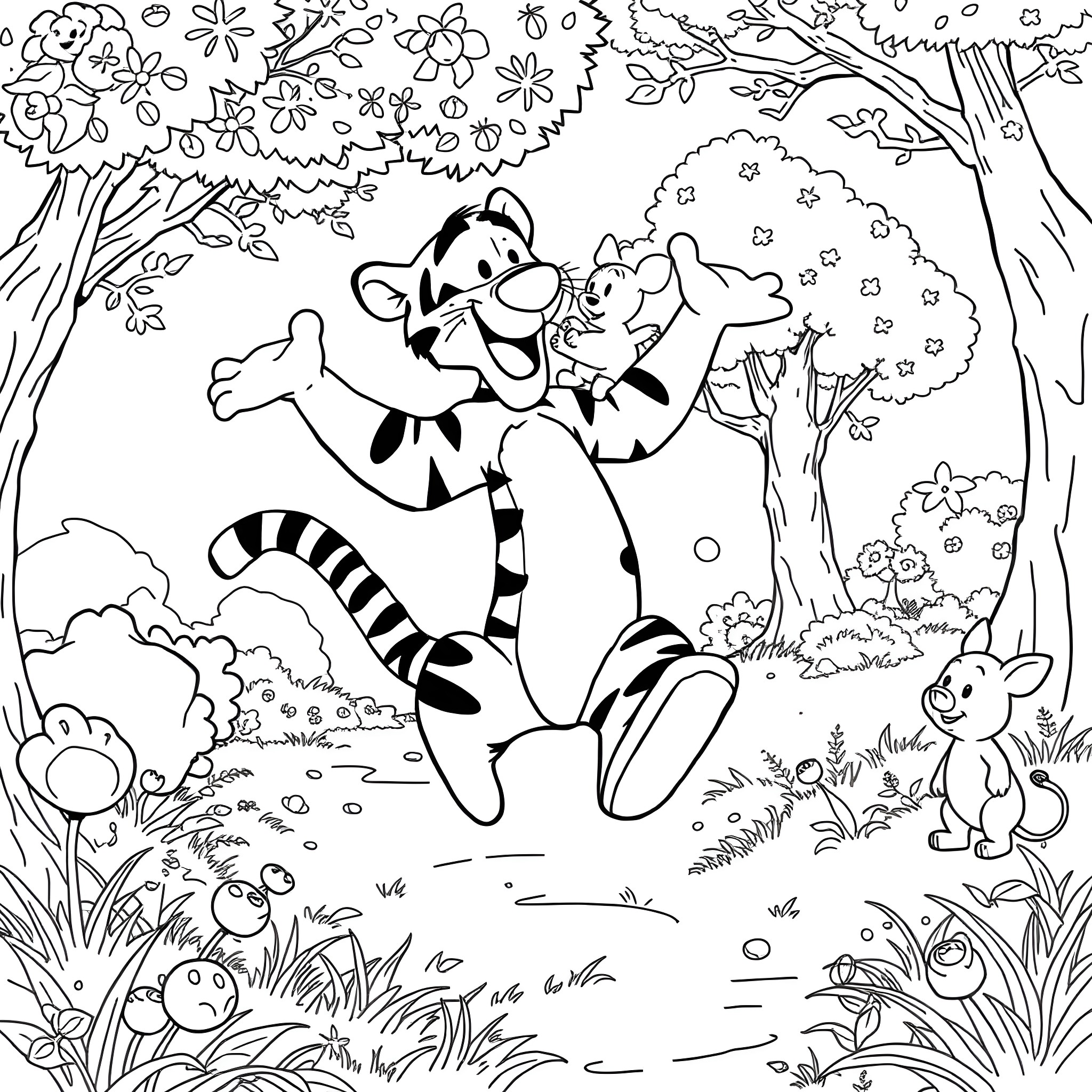 Tigger playing happily in the enchanted forest Coloring Page (free black-and-white line drawing printable PDF for all, from beginners to advanced learners, including children, teens, adults, and seniors)