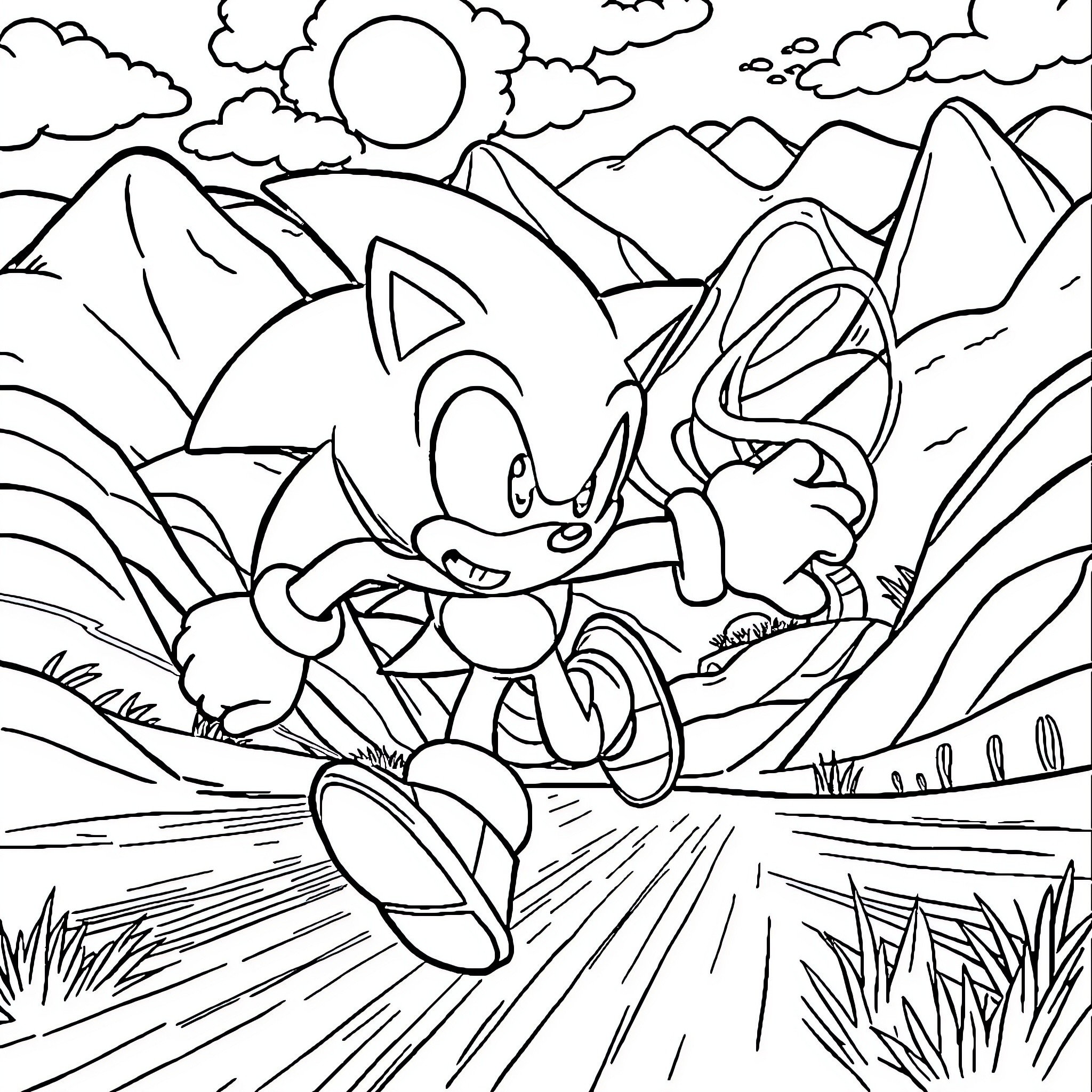 Sonic Speedrunning Through Mountain Landscape Coloring Page (free black-and-white line drawing printable PDF for all, from beginners to advanced learners, including children, teens, adults, and seniors)