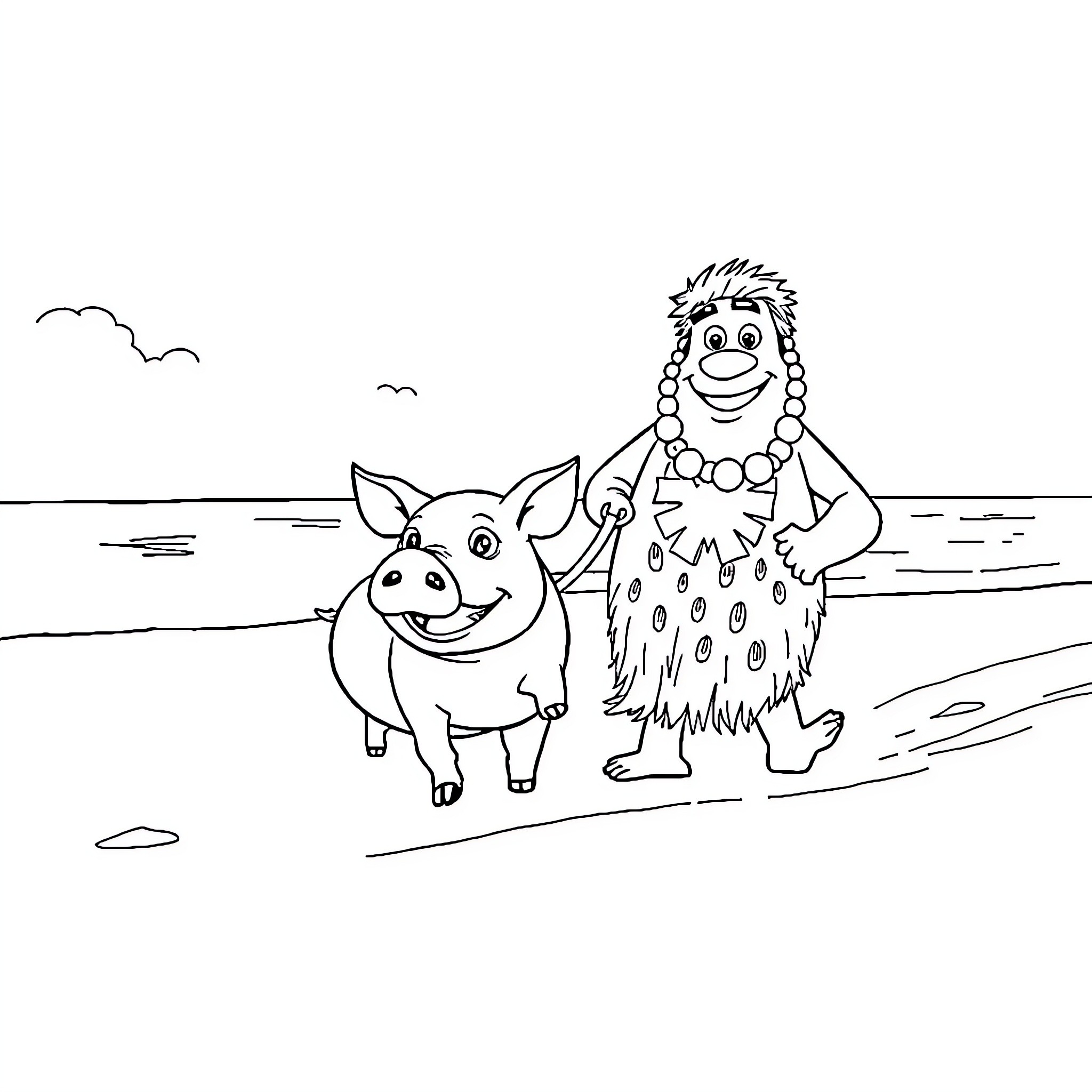 Maui and his pet pig on the beach Coloring Page (free black-and-white line drawing printable PDF for all, from beginners to advanced learners, including children, teens, adults, and seniors)