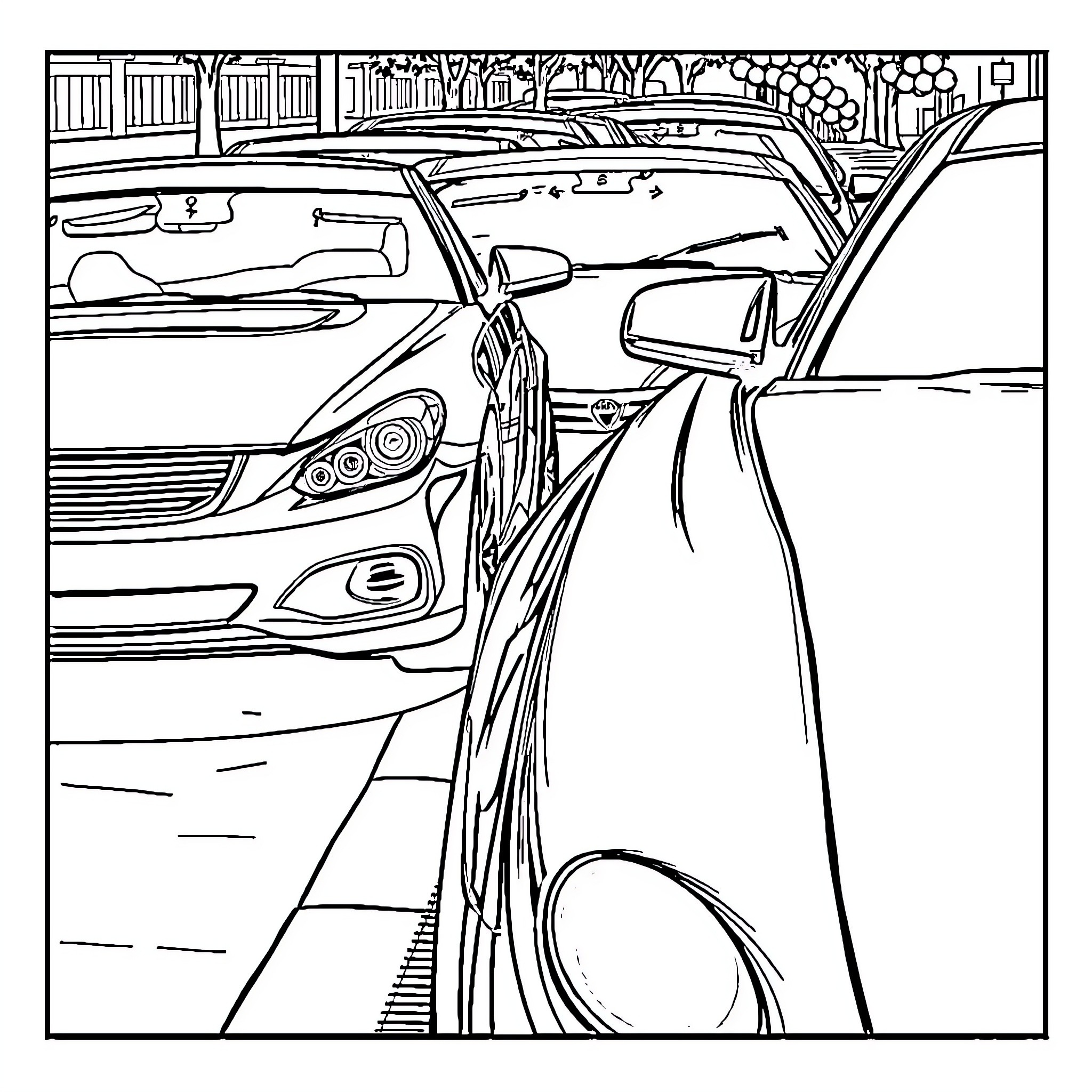 Cars parked on a rainy city street Coloring Page (free black-and-white line drawing printable PDF for all, from beginners to advanced learners, including children, teens, adults, and seniors)