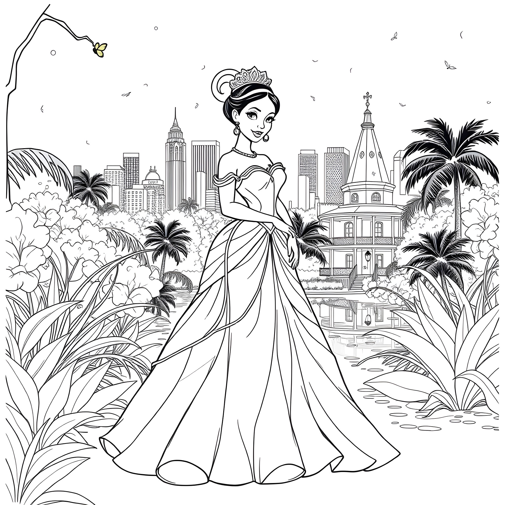 Tiana's Enchanting City Adventure Coloring Page (free black-and-white line drawing printable PDF for all, from beginners to advanced learners, including children, teens, adults, and seniors)