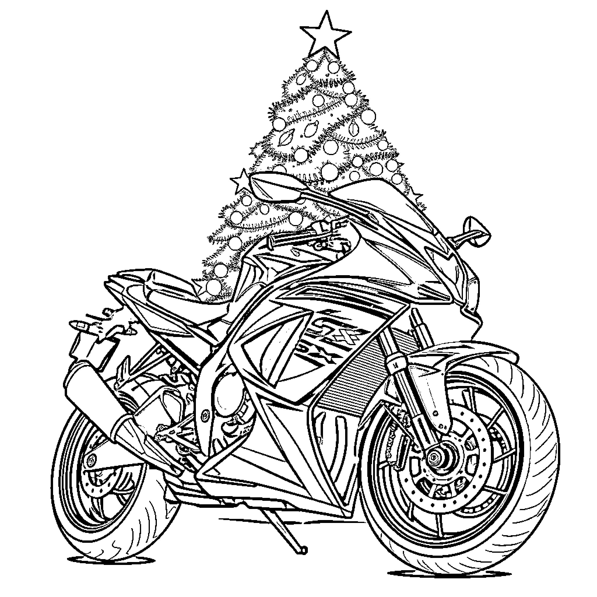Motorcycle with festive decorations on Christmas tree Coloring Page (free black-and-white line drawing printable PDF for all, from beginners to advanced learners, including children, teens, adults, and seniors)