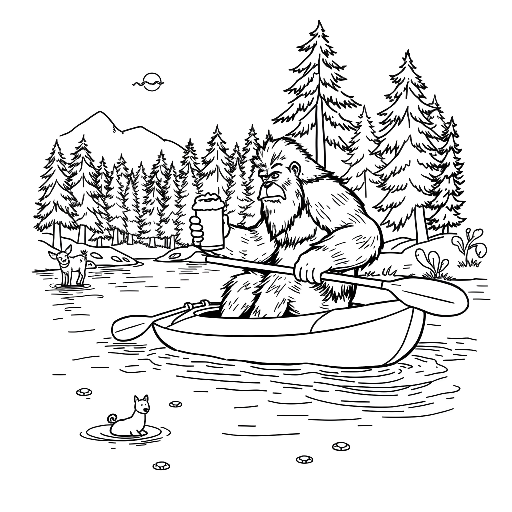 Bigfoot enjoying a peaceful day on the lake Coloring Page (free black-and-white line drawing printable PDF for all, from beginners to advanced learners, including children, teens, adults, and seniors)