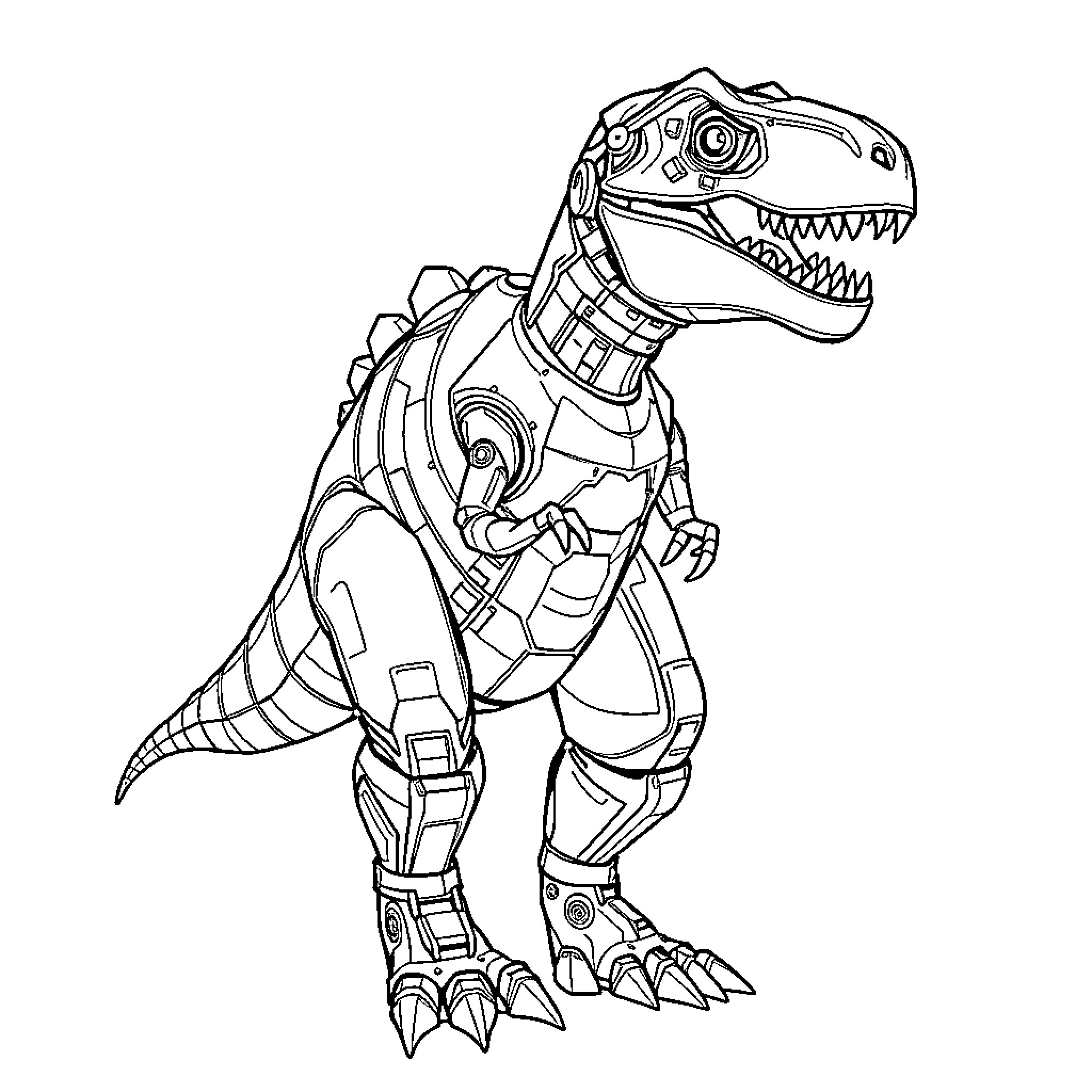 Robot T-Rex with mechanical details Coloring Page (free black-and-white line drawing printable PDF for all, from beginners to advanced learners, including children, teens, adults, and seniors)