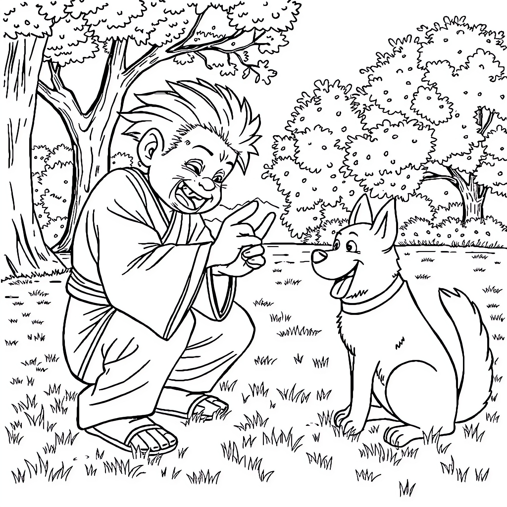 Sangoku and His Friendly Companion in the Forest Coloring Page (free black-and-white line drawing printable PDF for all, from beginners to advanced learners, including children, teens, adults, and seniors)
