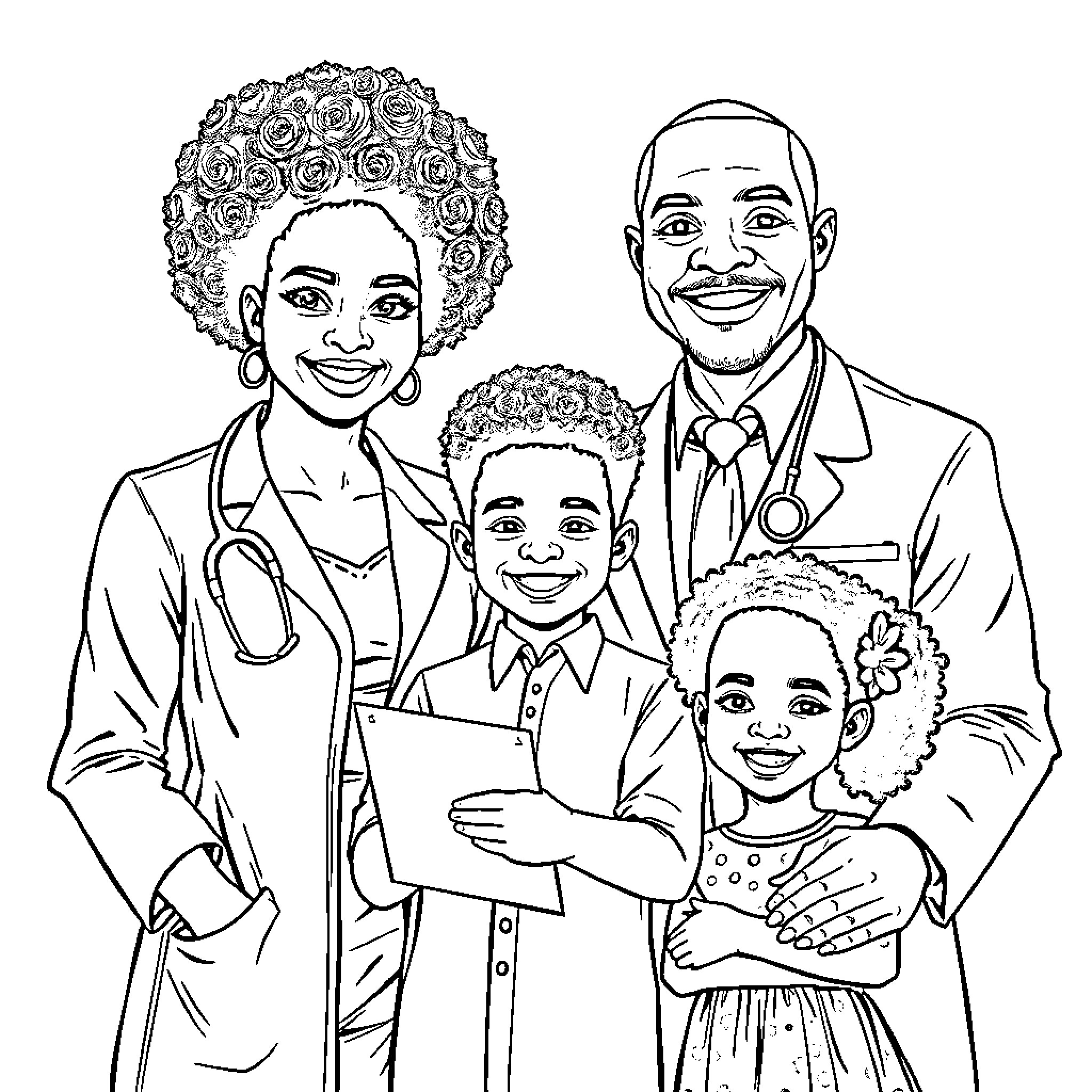 Family Portrait of Loving Medical Professionals Coloring Page (free black-and-white line drawing printable PDF for all, from beginners to advanced learners, including children, teens, adults, and seniors)