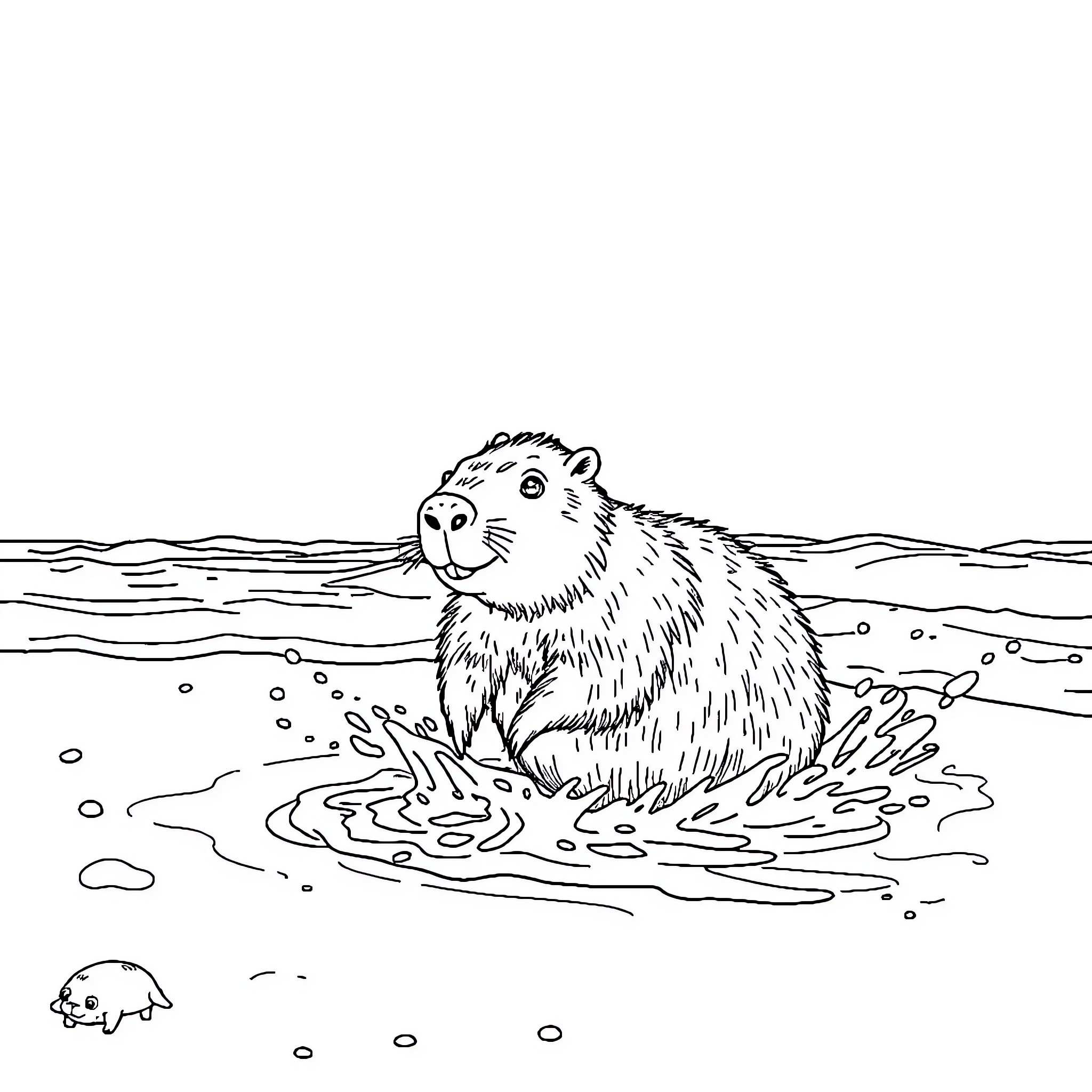Capybara enjoying a playful splash in the water Coloring Page (free black-and-white line drawing printable PDF for all, from beginners to advanced learners, including children, teens, adults, and seniors)