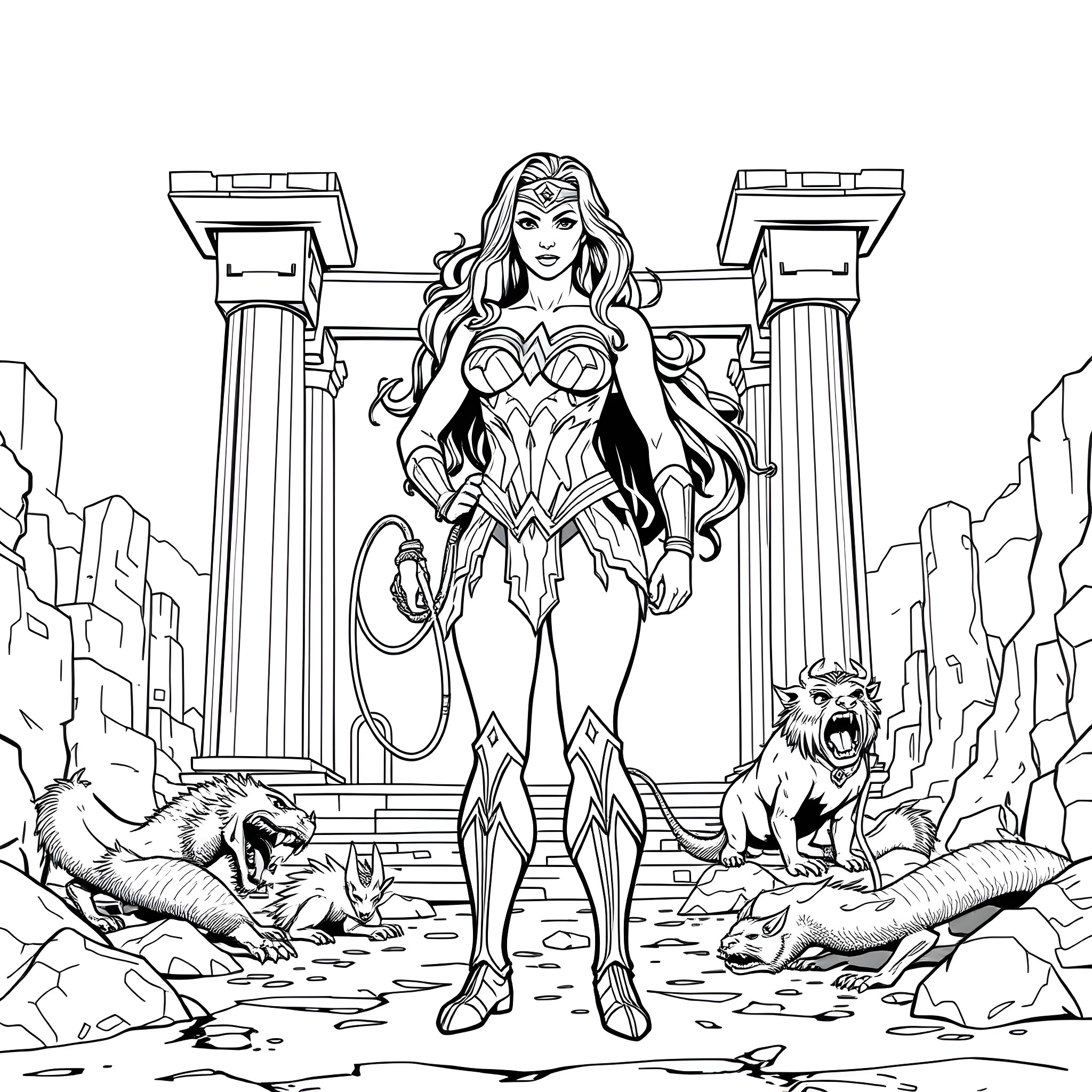 Wonder Woman standing heroically amidst ruins and animals Coloring Page (free black-and-white line drawing printable PDF for all, from beginners to advanced learners, including children, teens, adults, and seniors)
