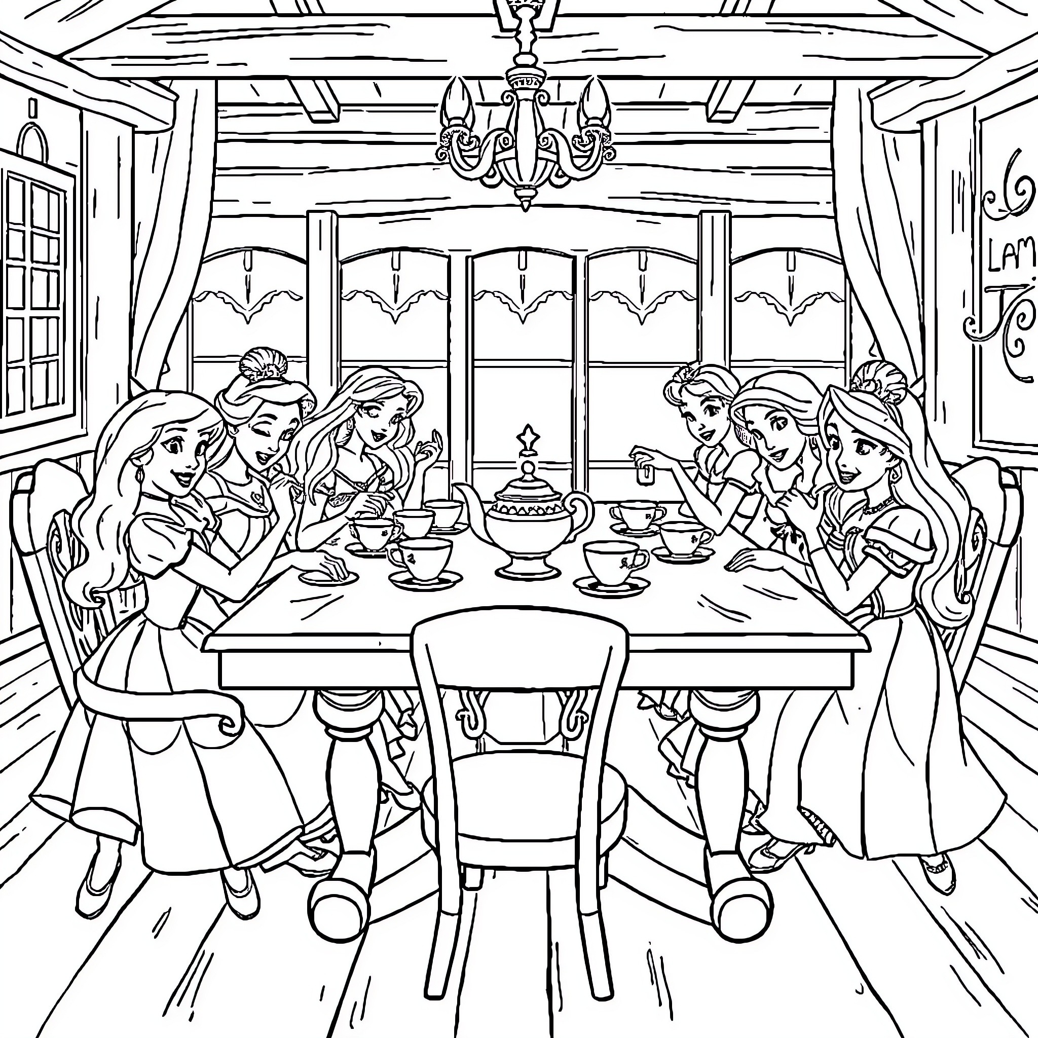 Princess Enjoying a Formal Dining Celebration Coloring Page (free black-and-white line drawing printable PDF for all, from beginners to advanced learners, including children, teens, adults, and seniors)
