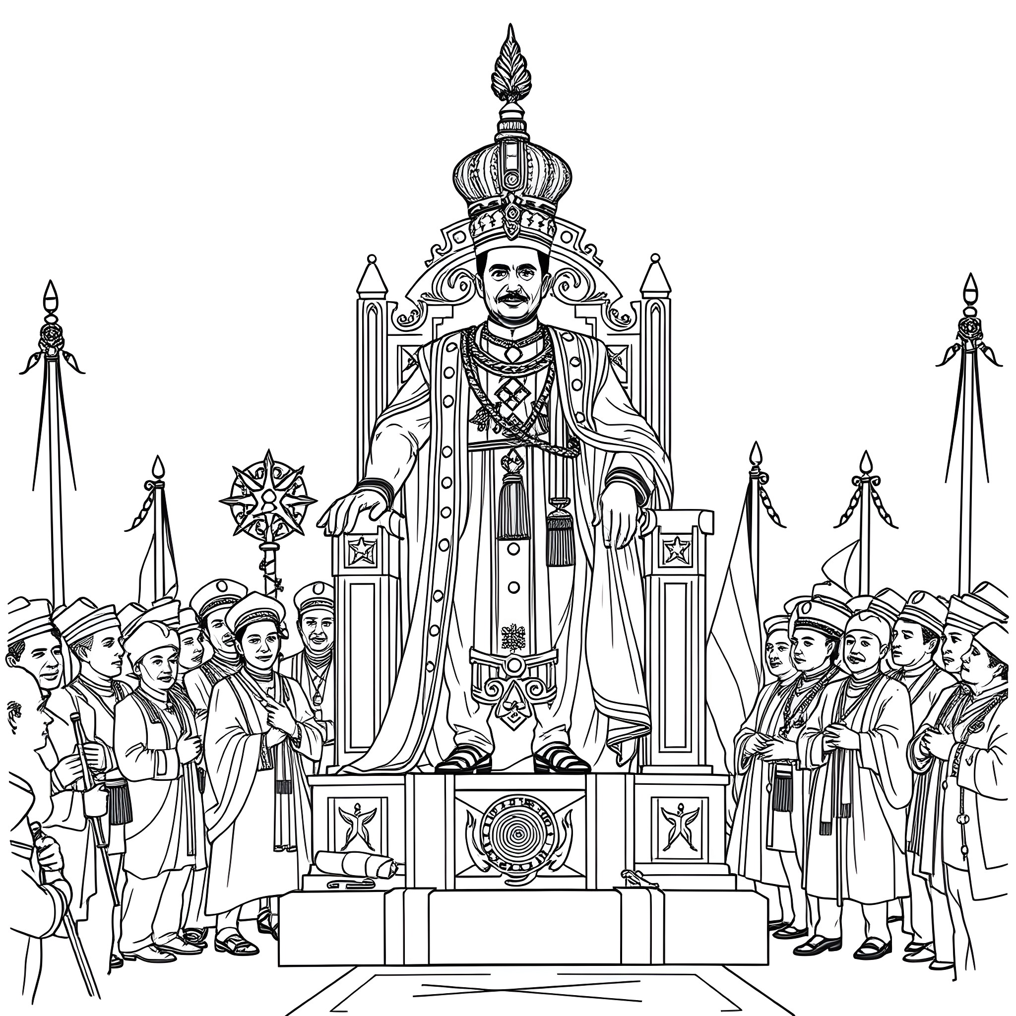 Haile Selassie I Enthroned with Attendants in Formal Regalia Coloring Page (free black-and-white line drawing printable PDF for all, from beginners to advanced learners, including children, teens, adults, and seniors)