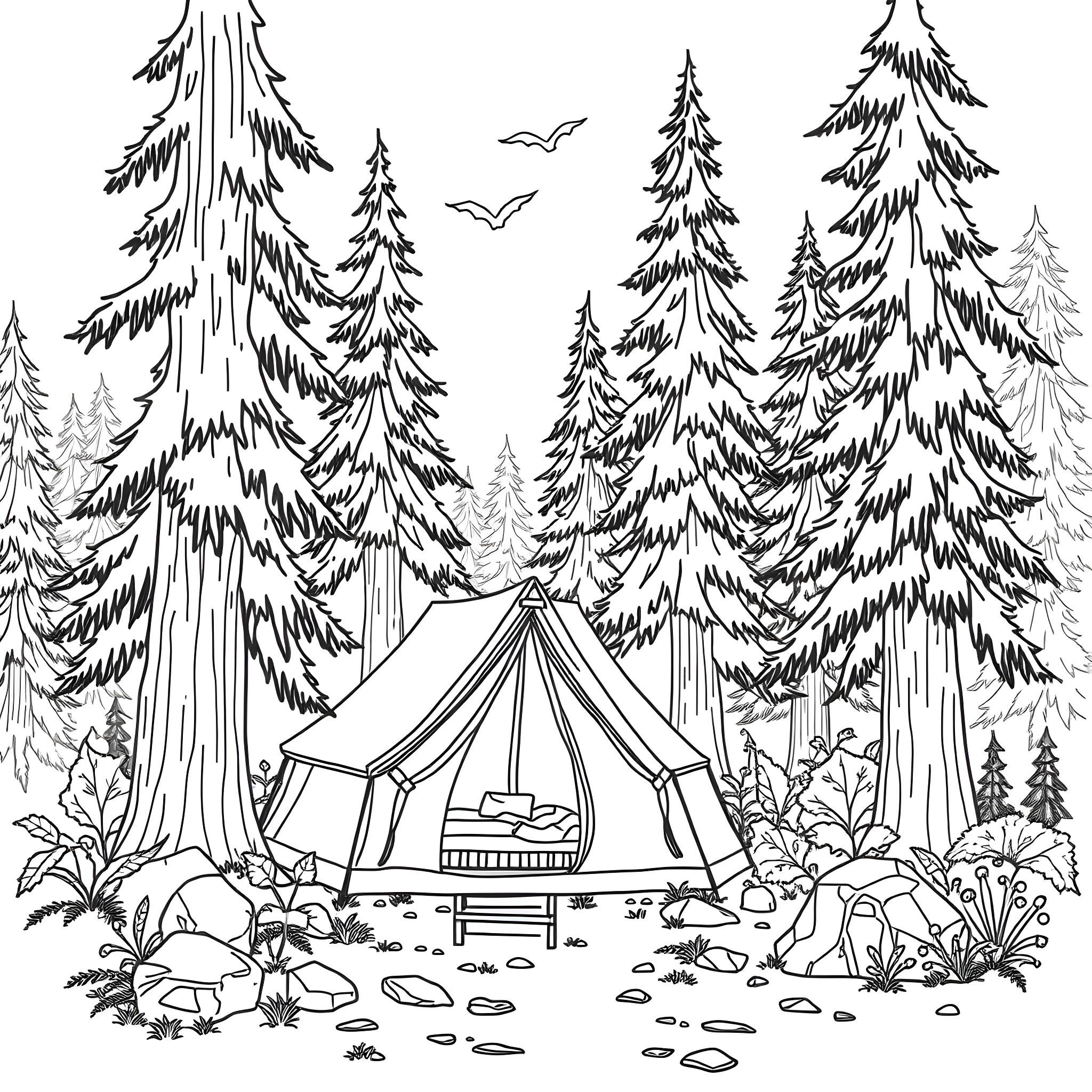 Tent among evergreen trees in nature Coloring Page (free black-and-white line drawing printable PDF for all, from beginners to advanced learners, including children, teens, adults, and seniors)