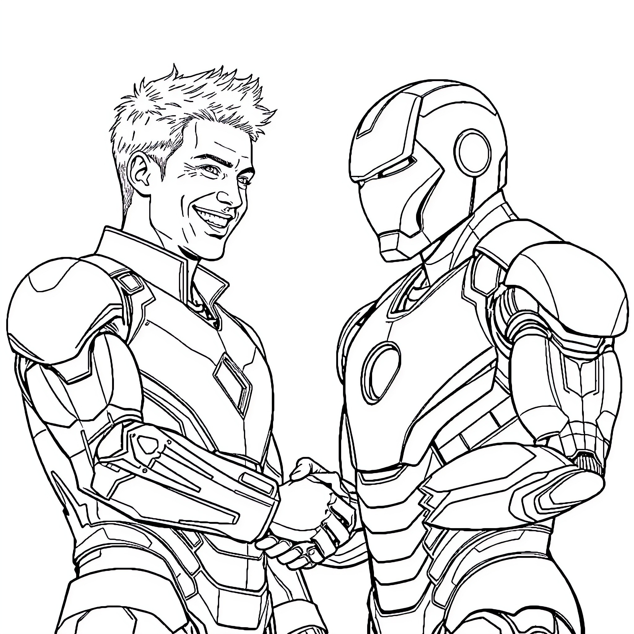 Chester Bennington Shaking Hands with Iron Man Coloring Page (free black-and-white line drawing printable PDF for all, from beginners to advanced learners, including children, teens, adults, and seniors)
