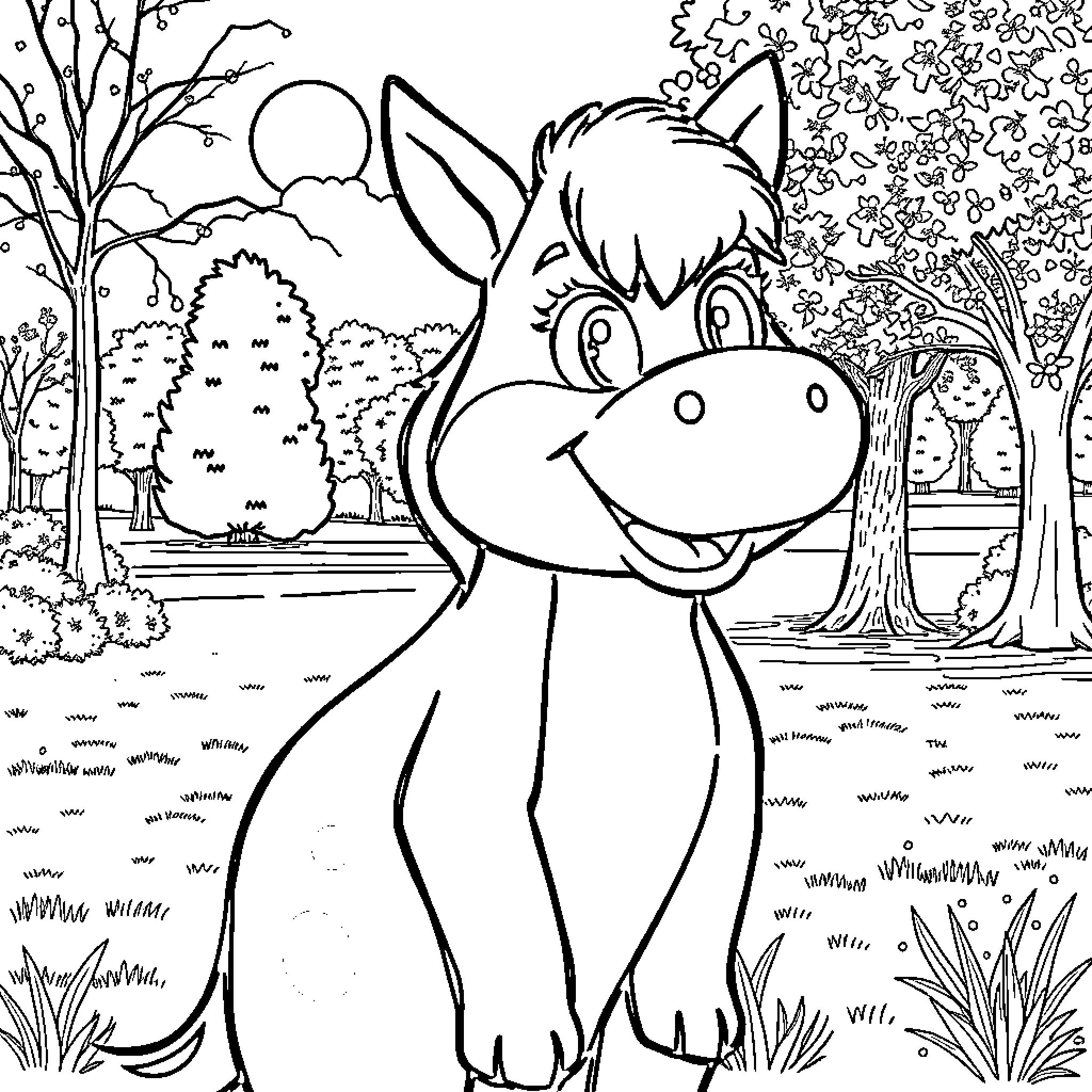 Marsha's Joyful Encounter with a Friendly Donkey Coloring Page (free black-and-white line drawing printable PDF for all, from beginners to advanced learners, including children, teens, adults, and seniors)