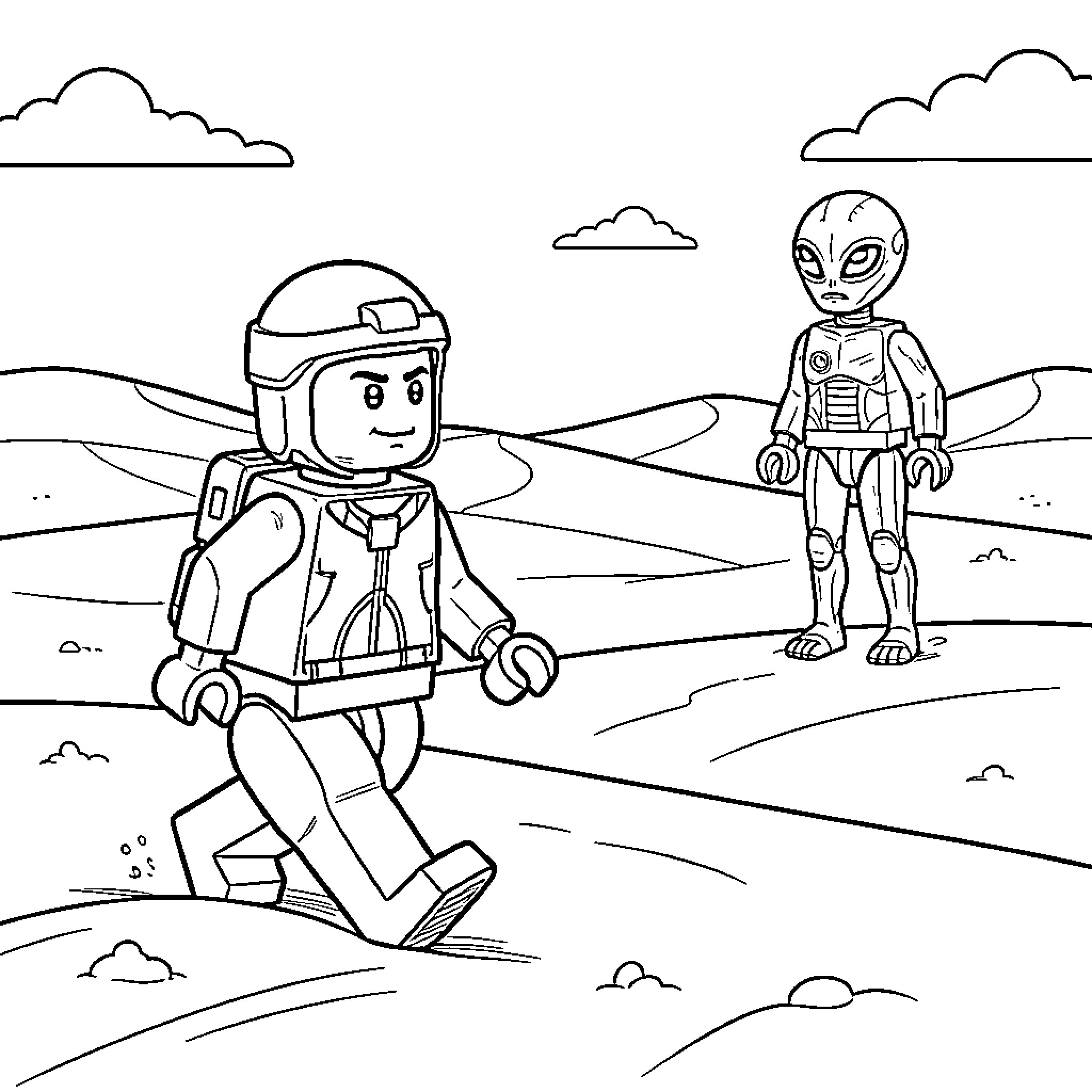 LEGO Character astronaut encountering an alien on a desert planet Coloring Page (free black-and-white line drawing printable PDF for all, from beginners to advanced learners, including children, teens, adults, and seniors)