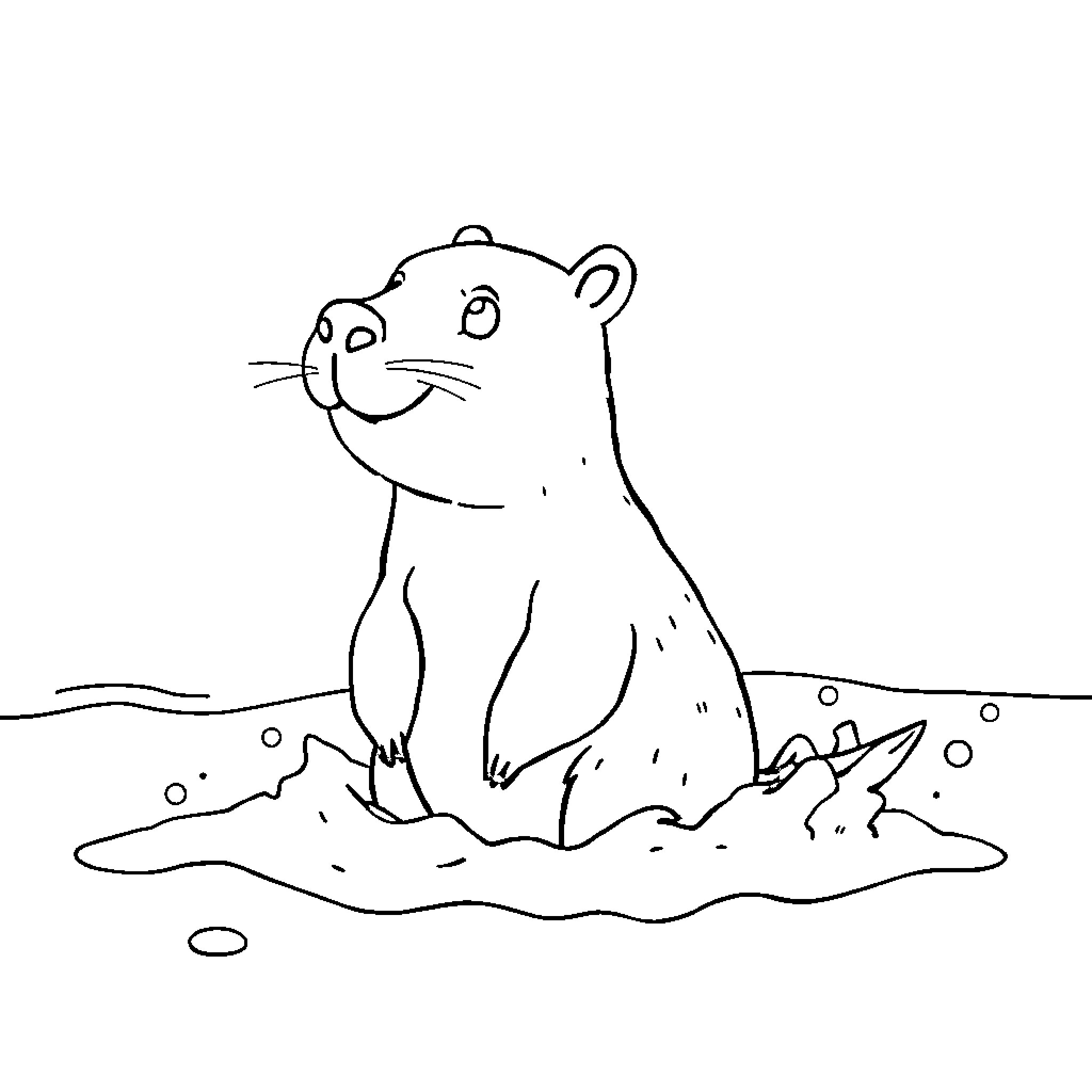 Capybara sitting happily in the mud Coloring Page (free black-and-white line drawing printable PDF for all, from beginners to advanced learners, including children, teens, adults, and seniors)