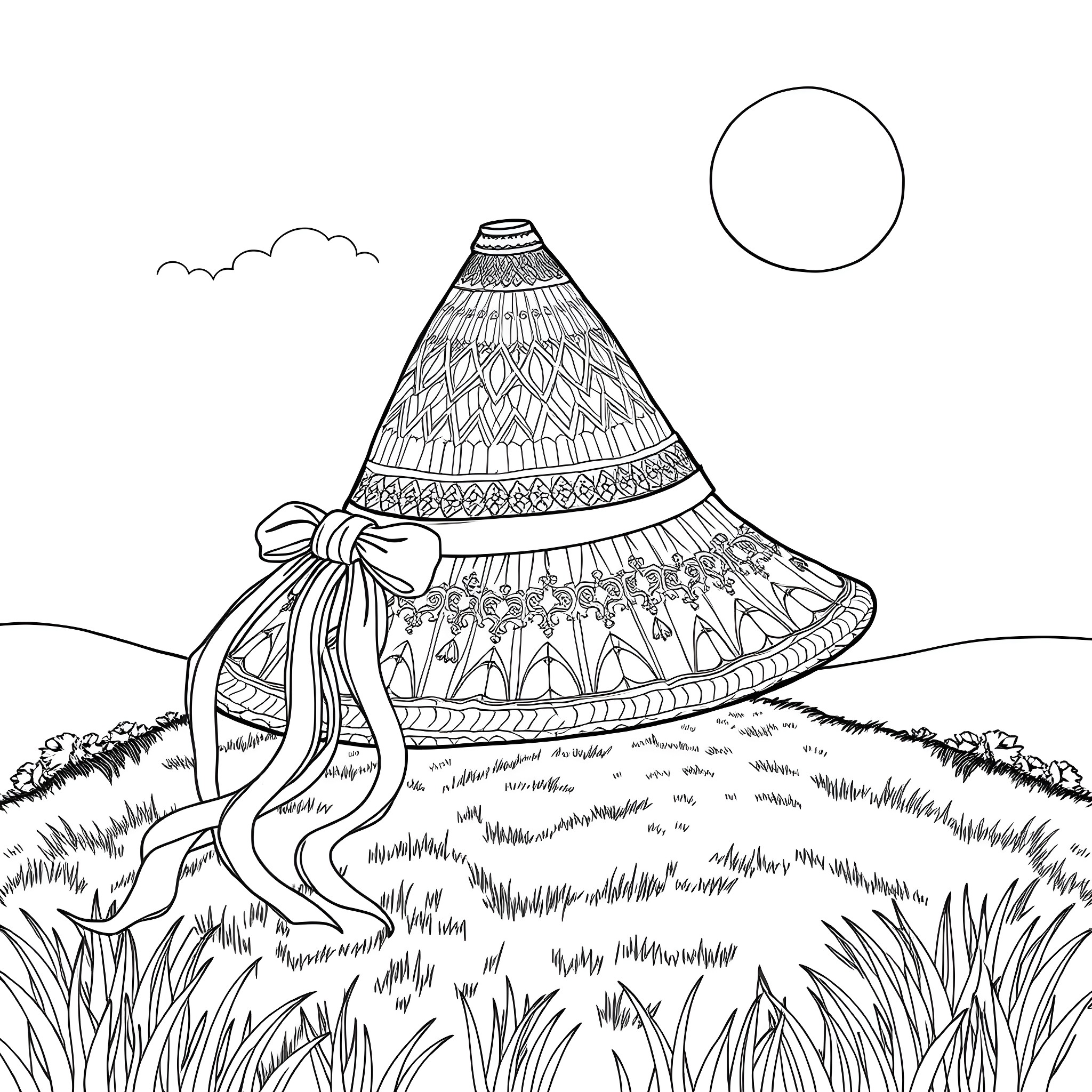 Hat with Decorative Patterns in a Grassy Landscape Coloring Page (free black-and-white line drawing printable PDF for all, from beginners to advanced learners, including children, teens, adults, and seniors)