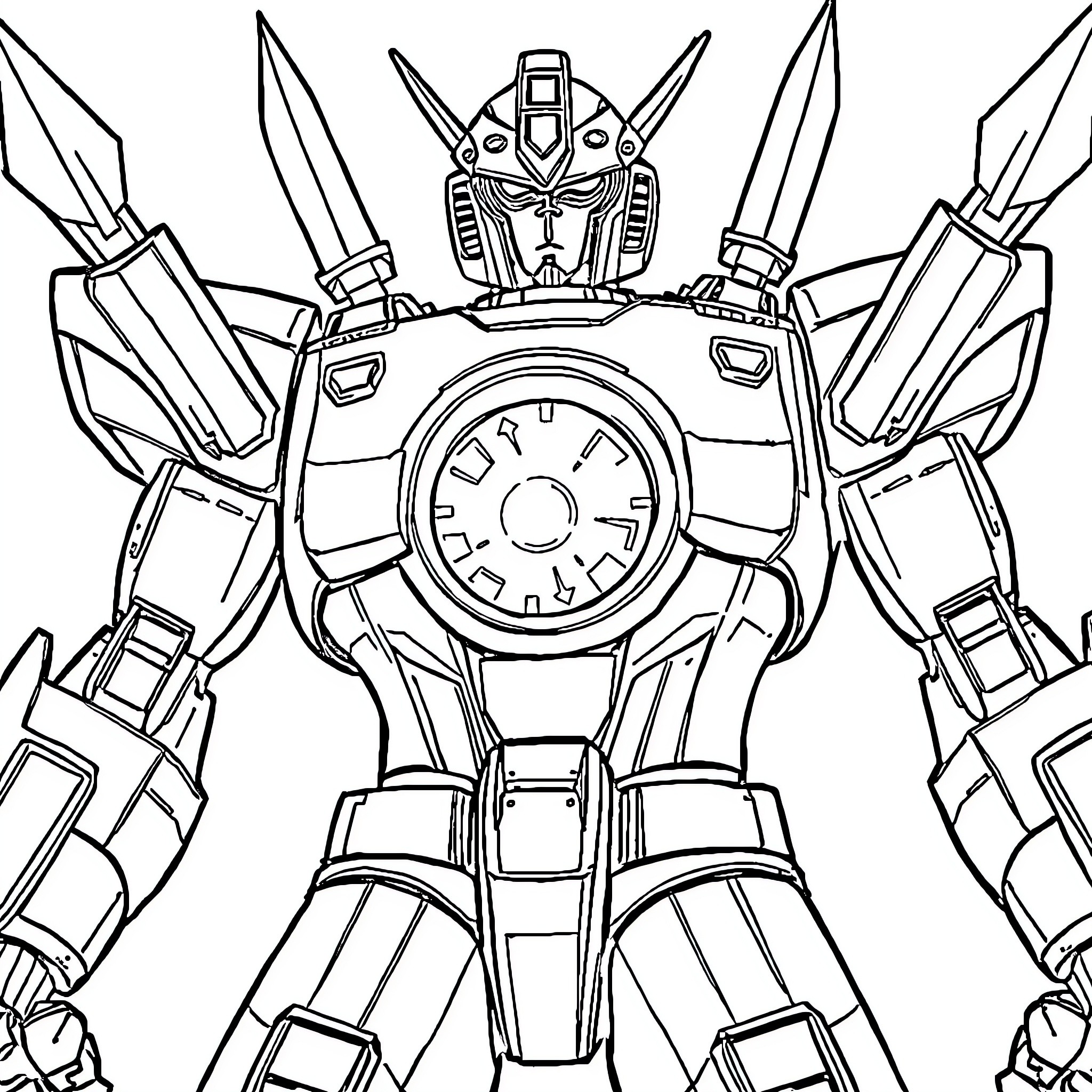 Robot warrior in battle-ready stance Coloring Page (free black-and-white line drawing printable PDF for all, from beginners to advanced learners, including children, teens, adults, and seniors)