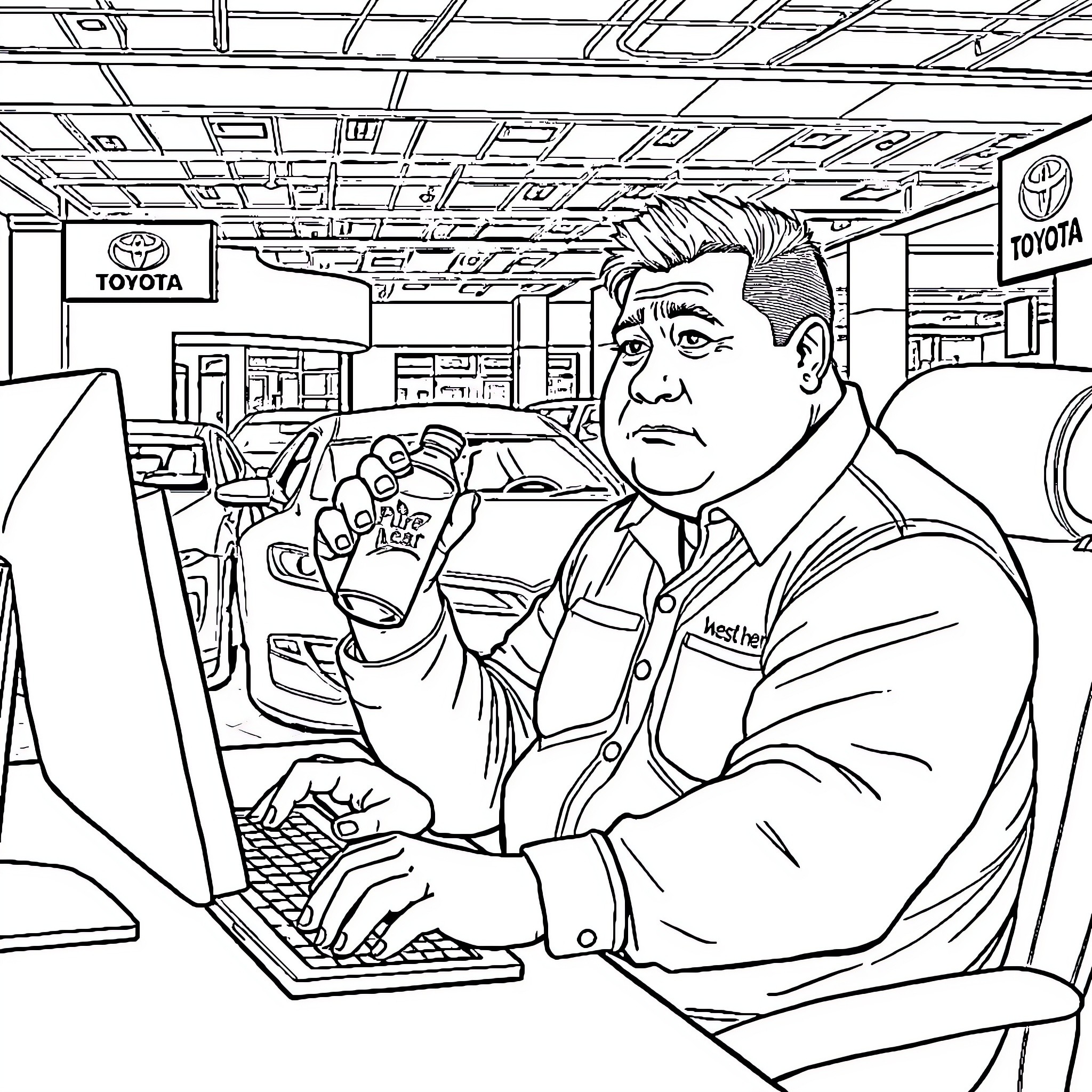 Asian mechanic working diligently at auto repair shop Coloring Page (free black-and-white line drawing printable PDF for all, from beginners to advanced learners, including children, teens, adults, and seniors)