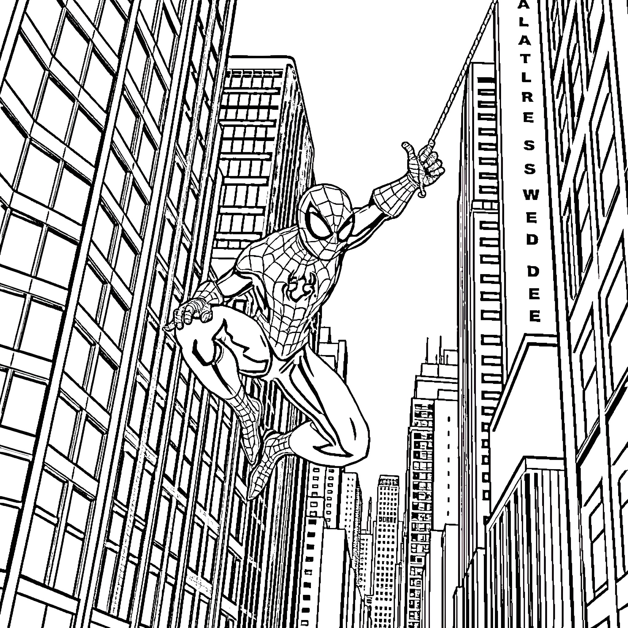 Spiderman swinging through the city skyline Coloring Page (free black-and-white line drawing printable PDF for all, from beginners to advanced learners, including children, teens, adults, and seniors)