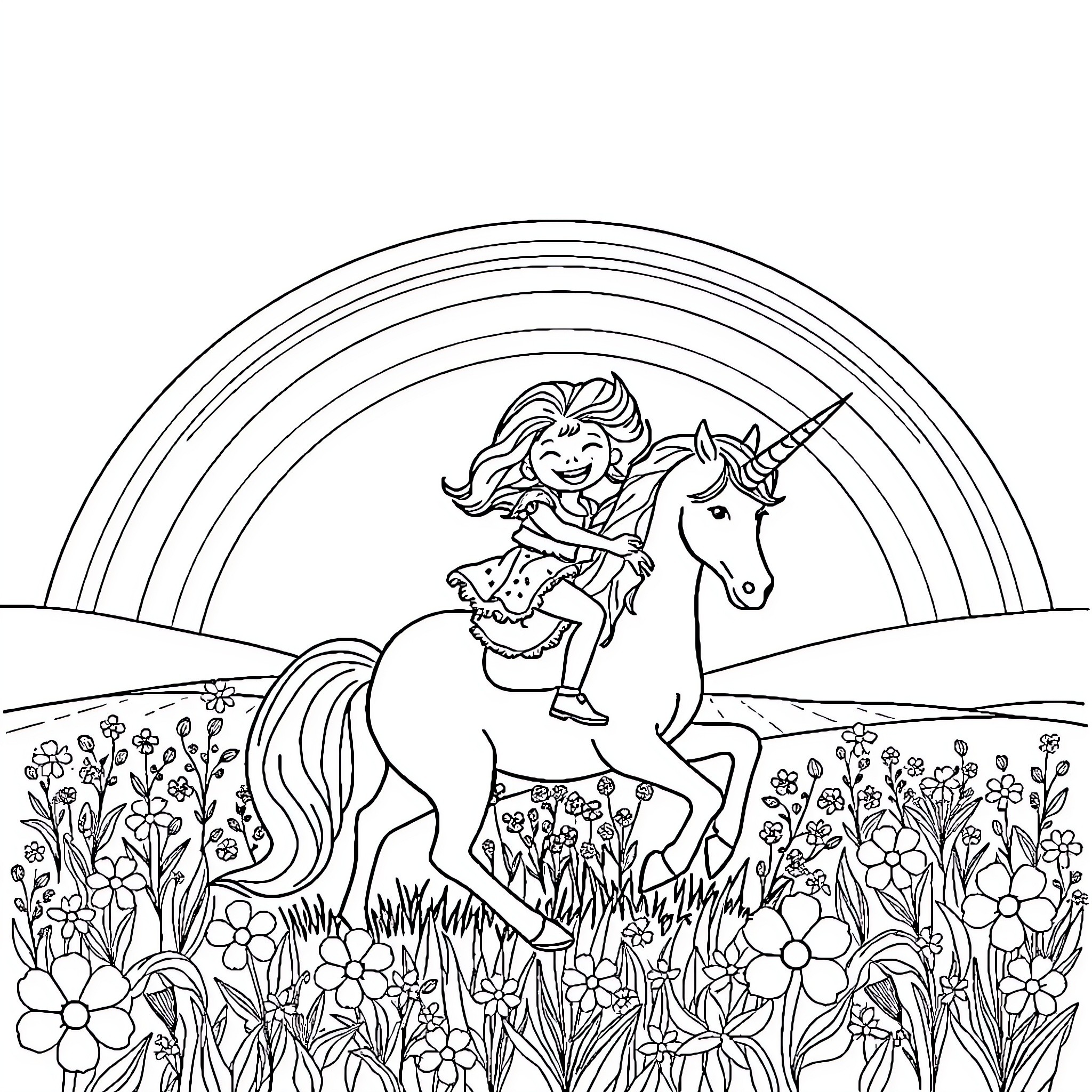 Girl riding unicorn in enchanted meadow Coloring Page (free black-and-white line drawing printable PDF for all, from beginners to advanced learners, including children, teens, adults, and seniors)