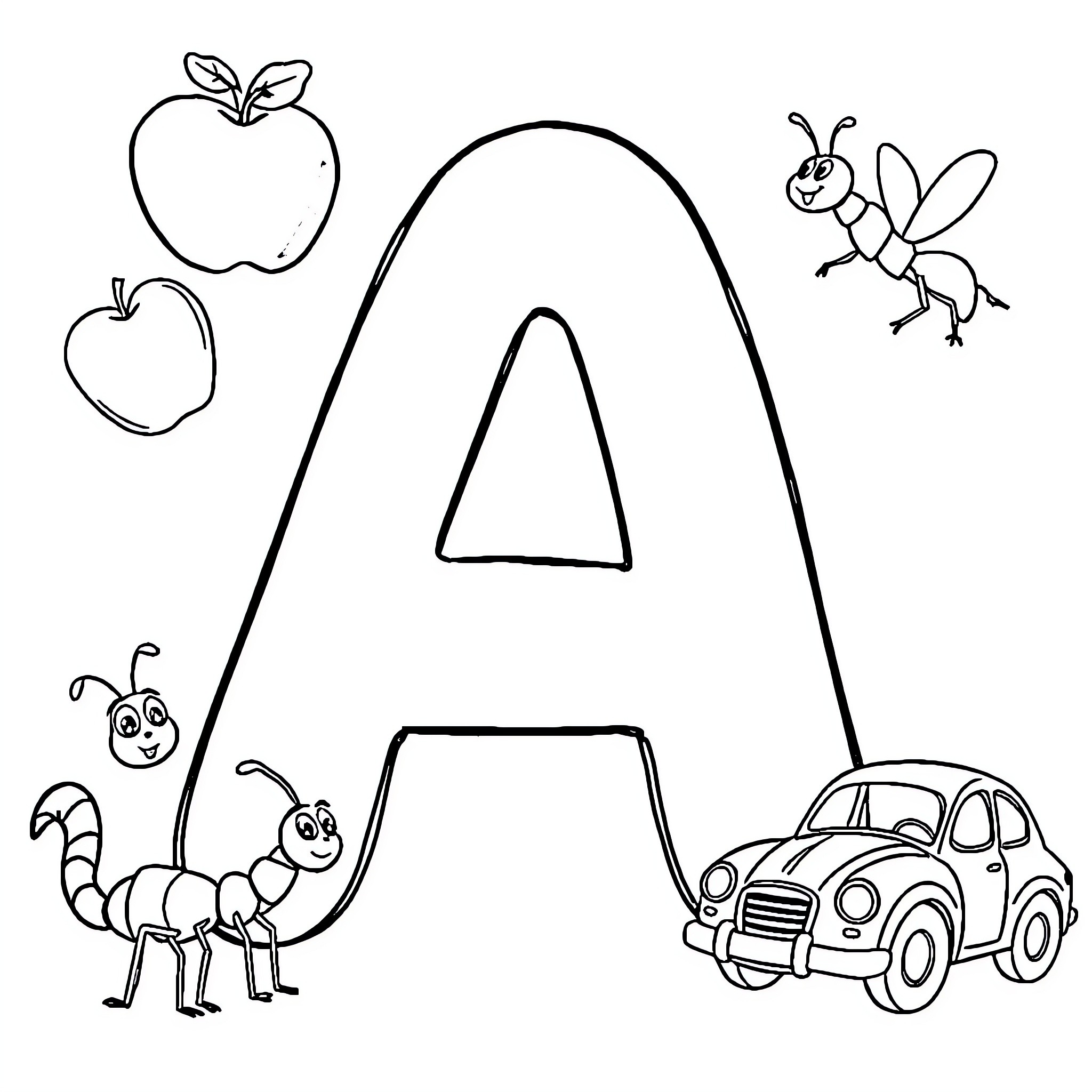 Letter A with Apples, Ant, and Automobile Coloring Page (free black-and-white line drawing printable PDF for all, from beginners to advanced learners, including children, teens, adults, and seniors)
