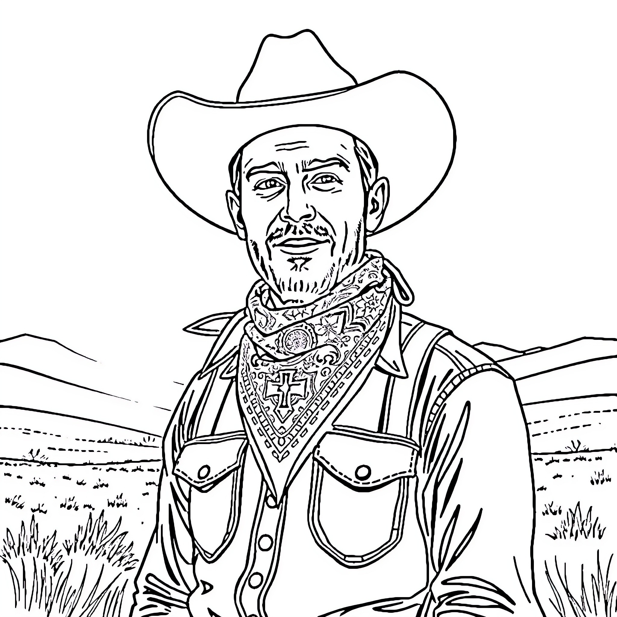 Cowboy in traditional western attire and expression Coloring Page (free black-and-white line drawing printable PDF for all, from beginners to advanced learners, including children, teens, adults, and seniors)