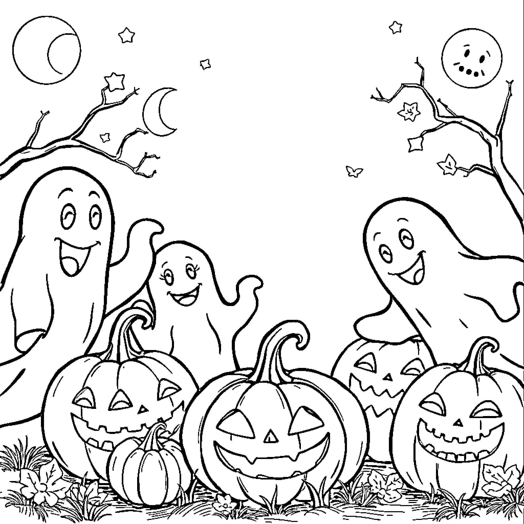 Halloween ghosts and pumpkins in the night Coloring Page (free black-and-white line drawing printable PDF for all, from beginners to advanced learners, including children, teens, adults, and seniors)