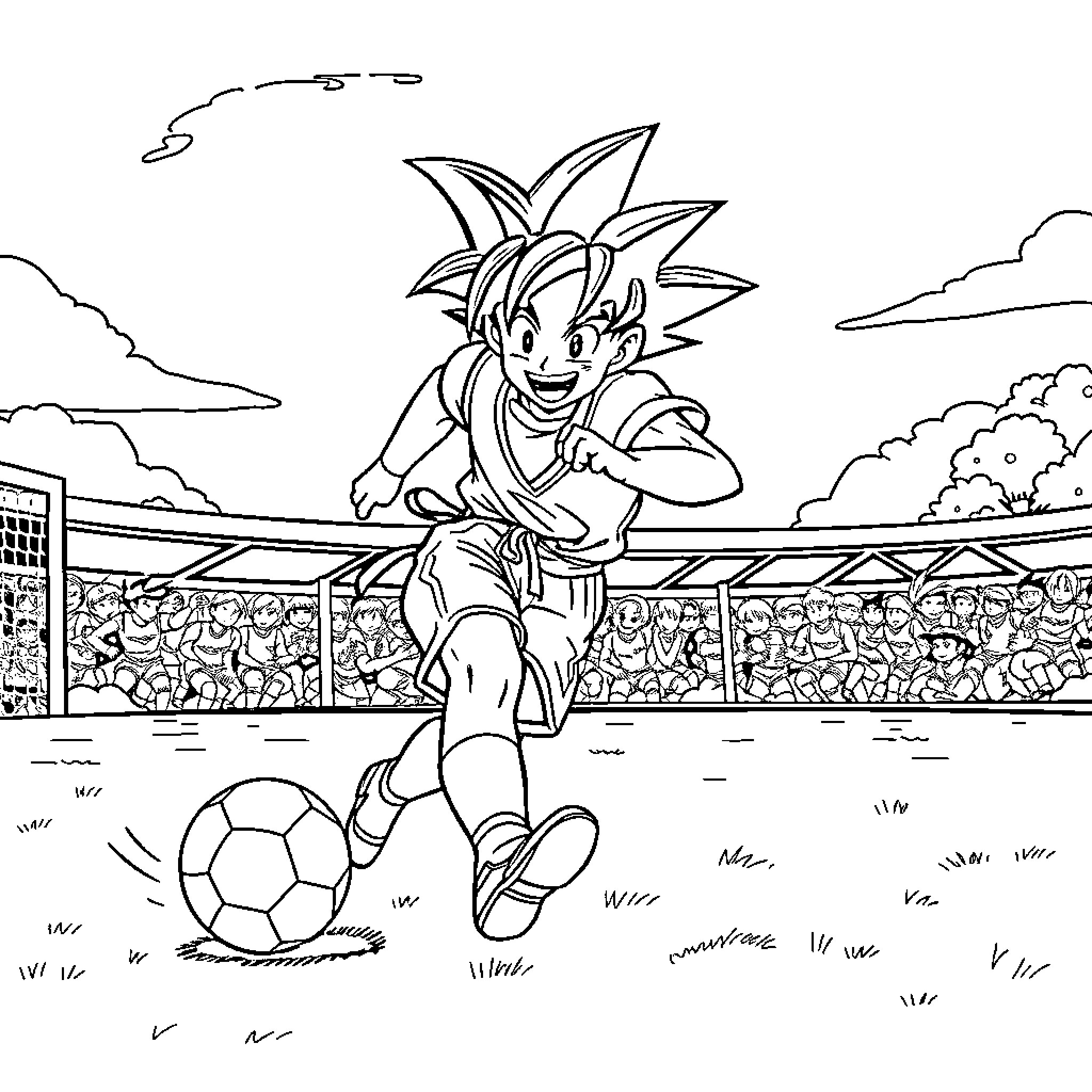 Son Goku Playing Soccer in the Stadium Coloring Page (free black-and-white line drawing printable PDF for all, from beginners to advanced learners, including children, teens, adults, and seniors)
