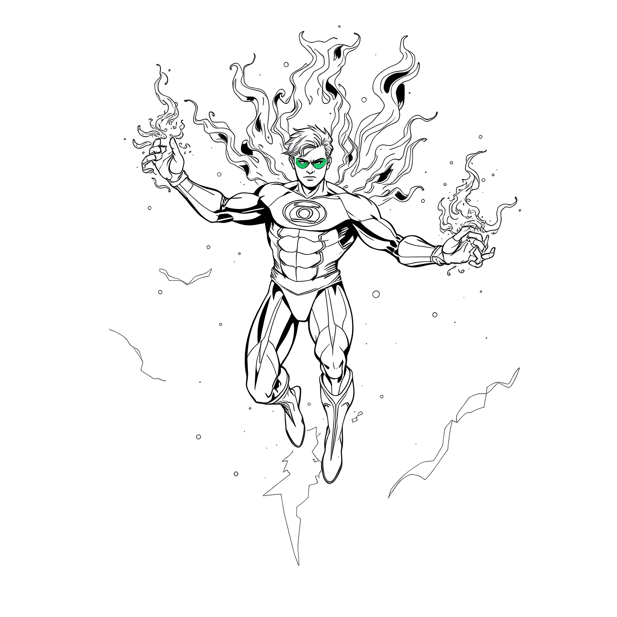 Human Lantern Wielding Mysterious Cosmic Powers Coloring Page (free black-and-white line drawing printable PDF for all, from beginners to advanced learners, including children, teens, adults, and seniors)