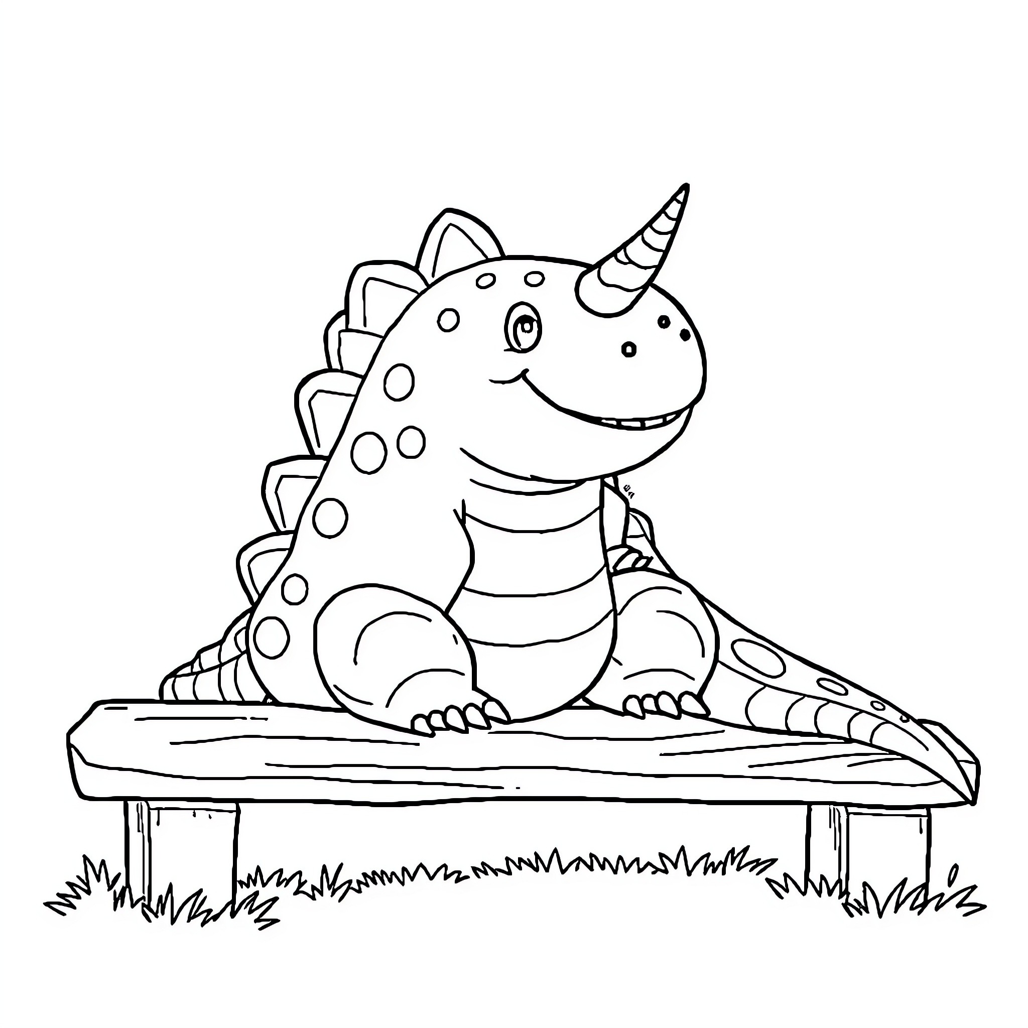 Bubasauro sitting happily on wooden platform Coloring Page (free black-and-white line drawing printable PDF for all, from beginners to advanced learners, including children, teens, adults, and seniors)
