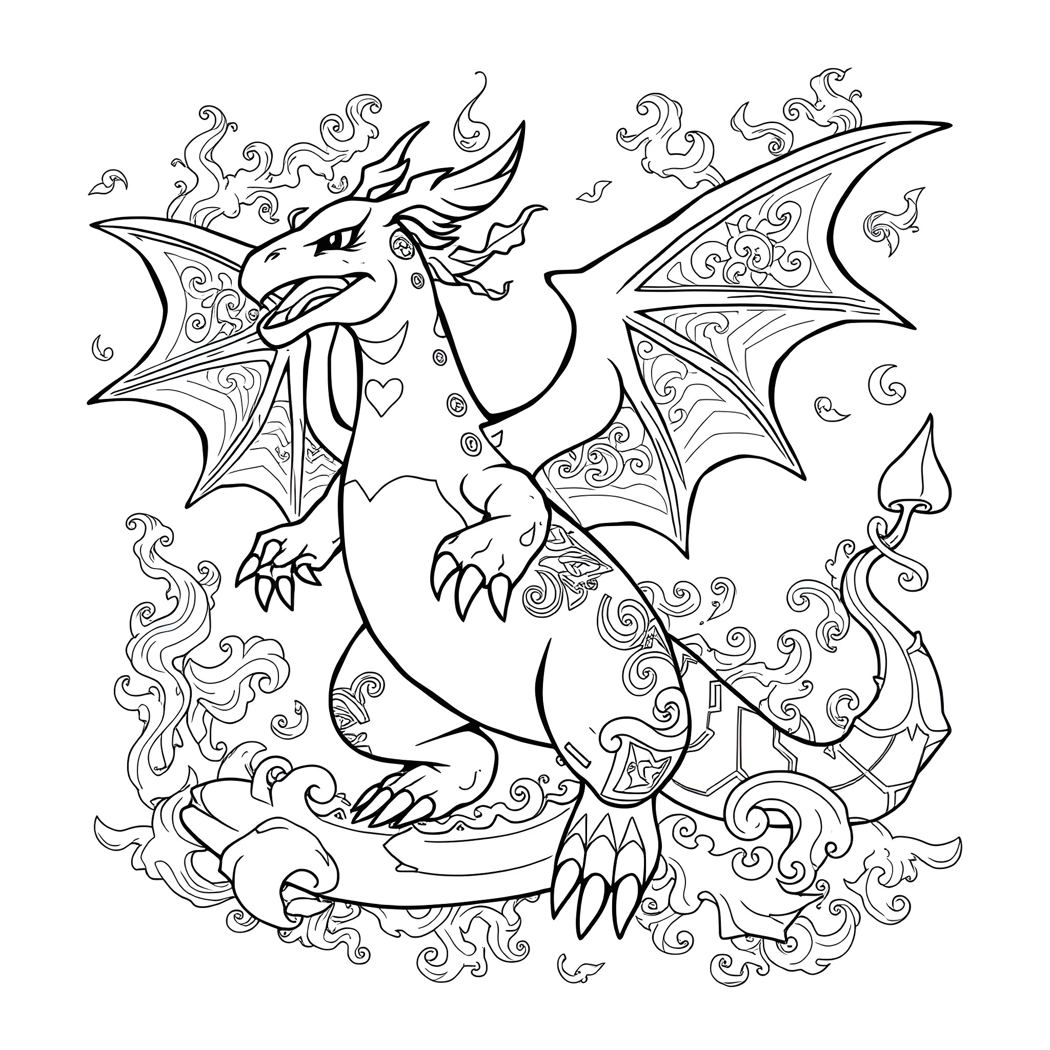 Charizard's Fiery Imagination Coloring Page (free black-and-white line drawing printable PDF for all, from beginners to advanced learners, including children, teens, adults, and seniors)