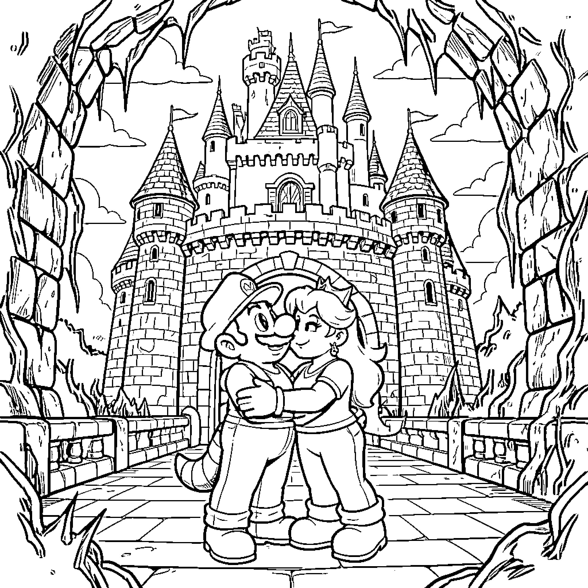Mario's Enchanted Castle Adventure Coloring Page (free black-and-white line drawing printable PDF for all, from beginners to advanced learners, including children, teens, adults, and seniors)