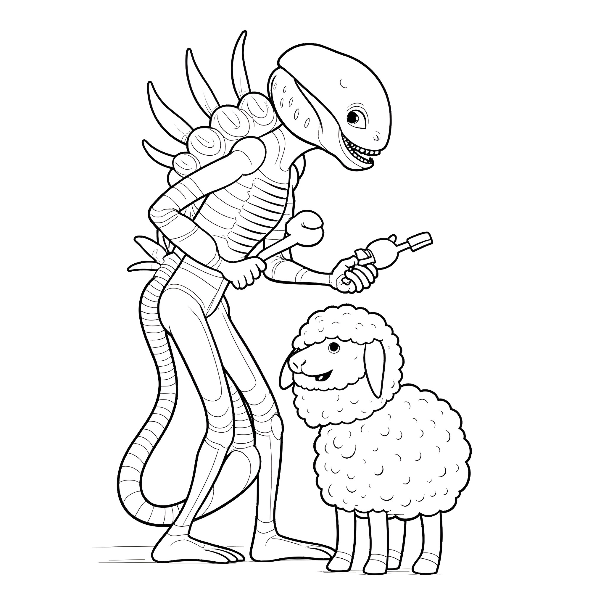 Xenomorph playing with a friendly creature Coloring Page (free black-and-white line drawing printable PDF for all, from beginners to advanced learners, including children, teens, adults, and seniors)