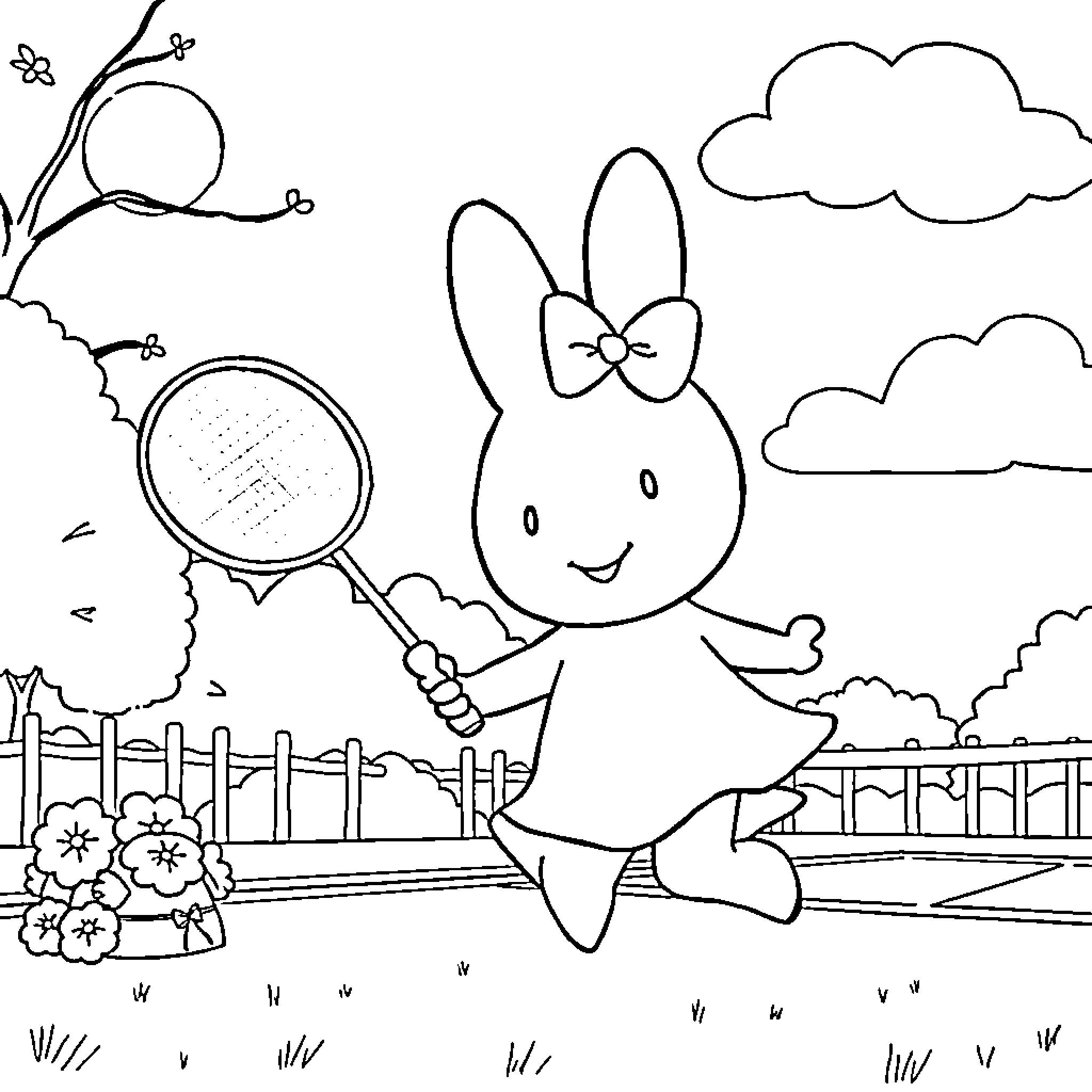 Miffy enjoying nature with magnifying glass Coloring Page (free black-and-white line drawing printable PDF for all, from beginners to advanced learners, including children, teens, adults, and seniors)