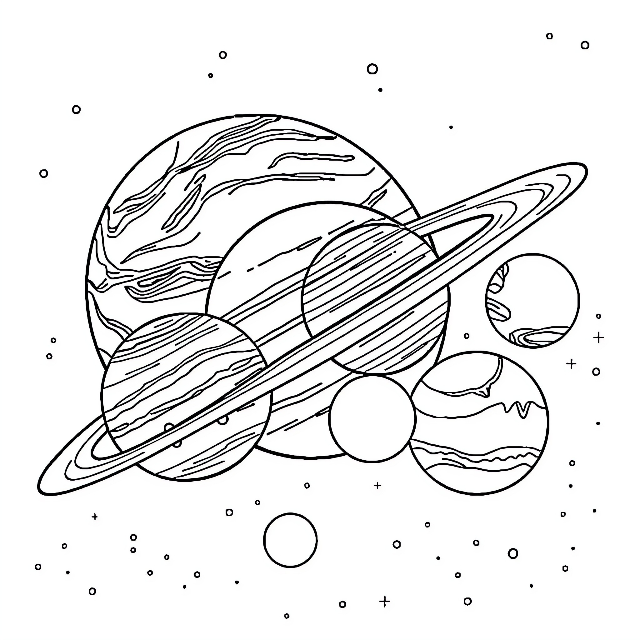 Planet with celestial bodies in space Coloring Page (free black-and-white line drawing printable PDF for all, from beginners to advanced learners, including children, teens, adults, and seniors)
