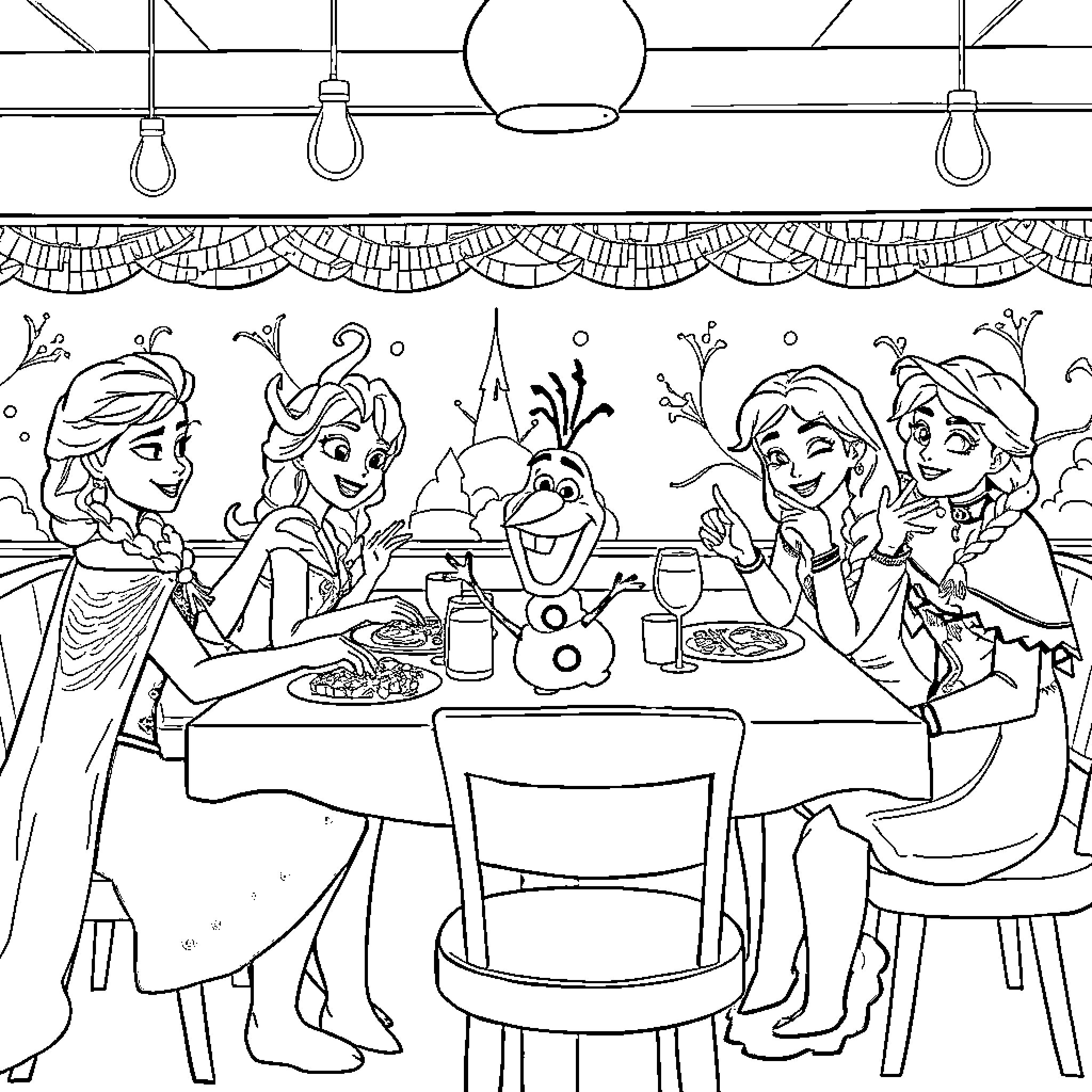 Frozen Characters Enjoying a Festive Dinner Together Coloring Page (free black-and-white line drawing printable PDF for all, from beginners to advanced learners, including children, teens, adults, and seniors)