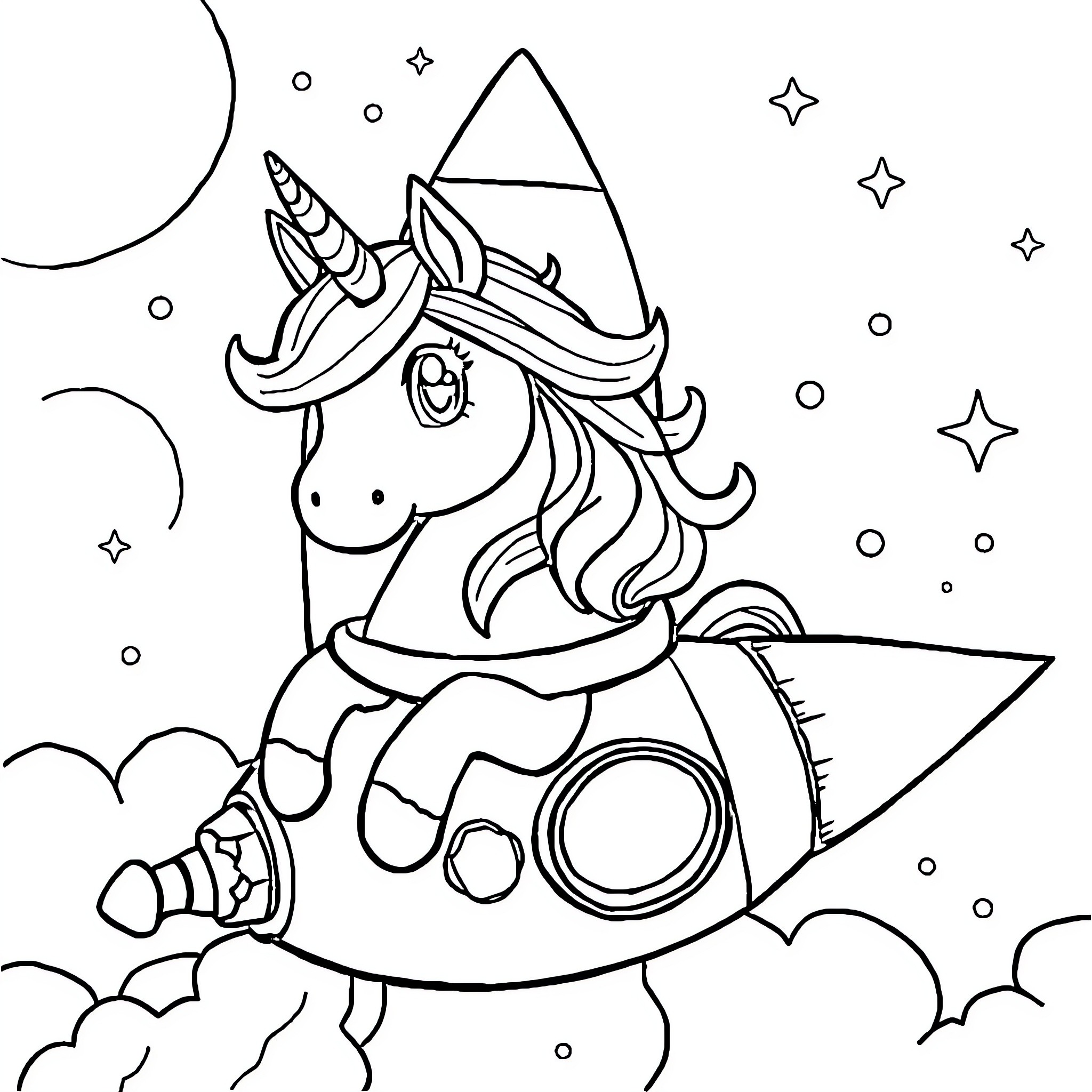 Unicorn riding a rocket through starry skies Coloring Page (free black-and-white line drawing printable PDF for all, from beginners to advanced learners, including children, teens, adults, and seniors)