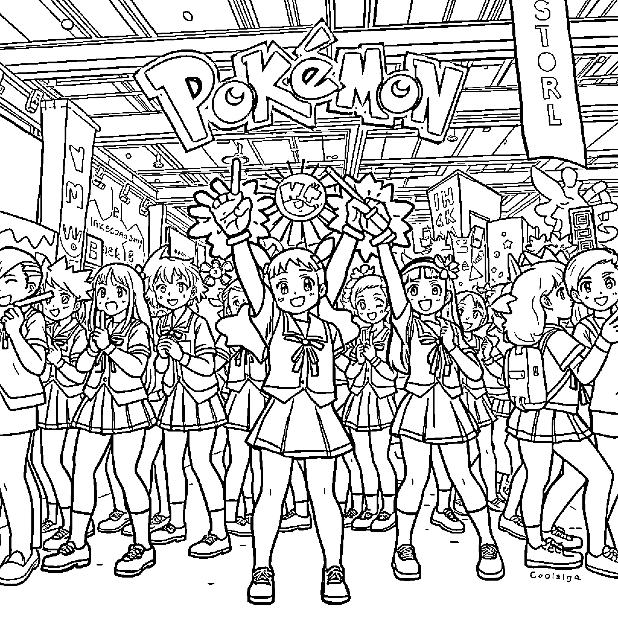 Cheerleader squad celebrating at an anime/manga convention Coloring Page (free black-and-white line drawing printable PDF for all, from beginners to advanced learners, including children, teens, adults, and seniors)
