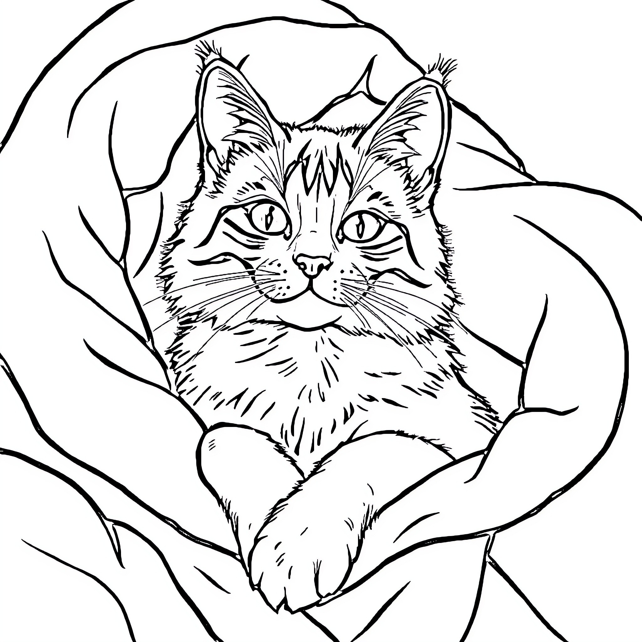 Cat resting peacefully in nature Coloring Page (free black-and-white line drawing printable PDF for all, from beginners to advanced learners, including children, teens, adults, and seniors)