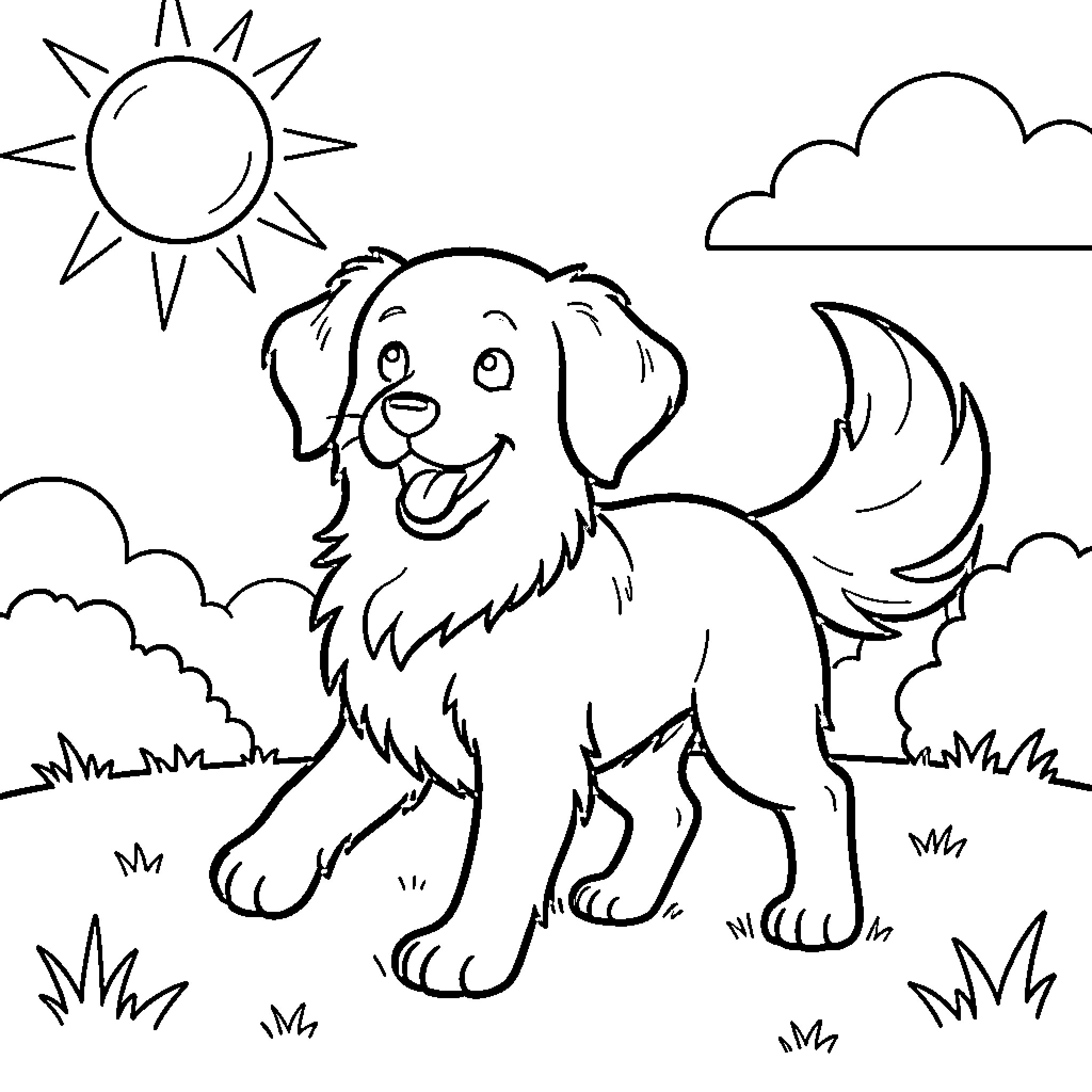 Dog enjoying sunny day outdoors Coloring Page (free black-and-white line drawing printable PDF for all, from beginners to advanced learners, including children, teens, adults, and seniors)