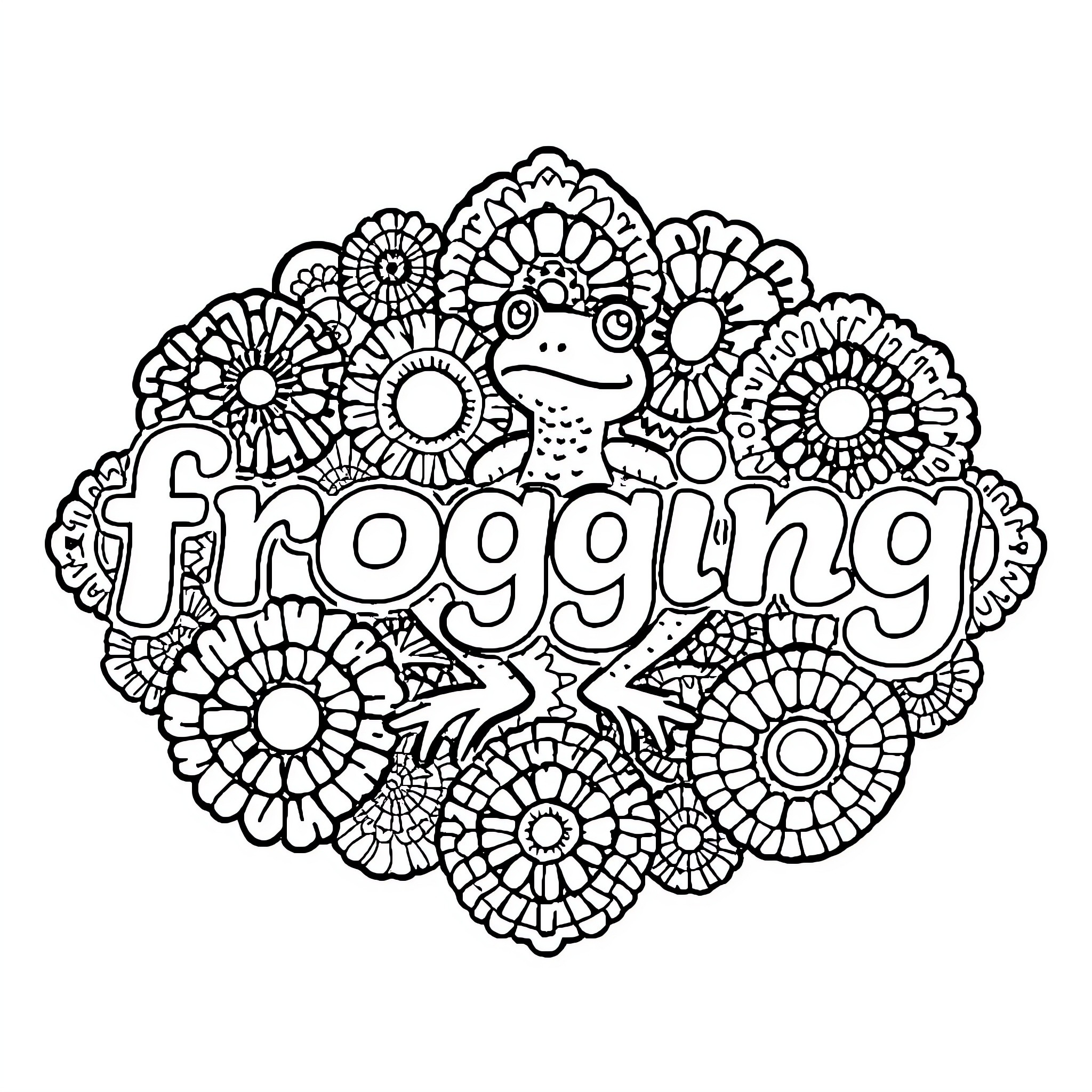 Frog surrounded by decorative floral patterns Coloring Page (free black-and-white line drawing printable PDF for all, from beginners to advanced learners, including children, teens, adults, and seniors)
